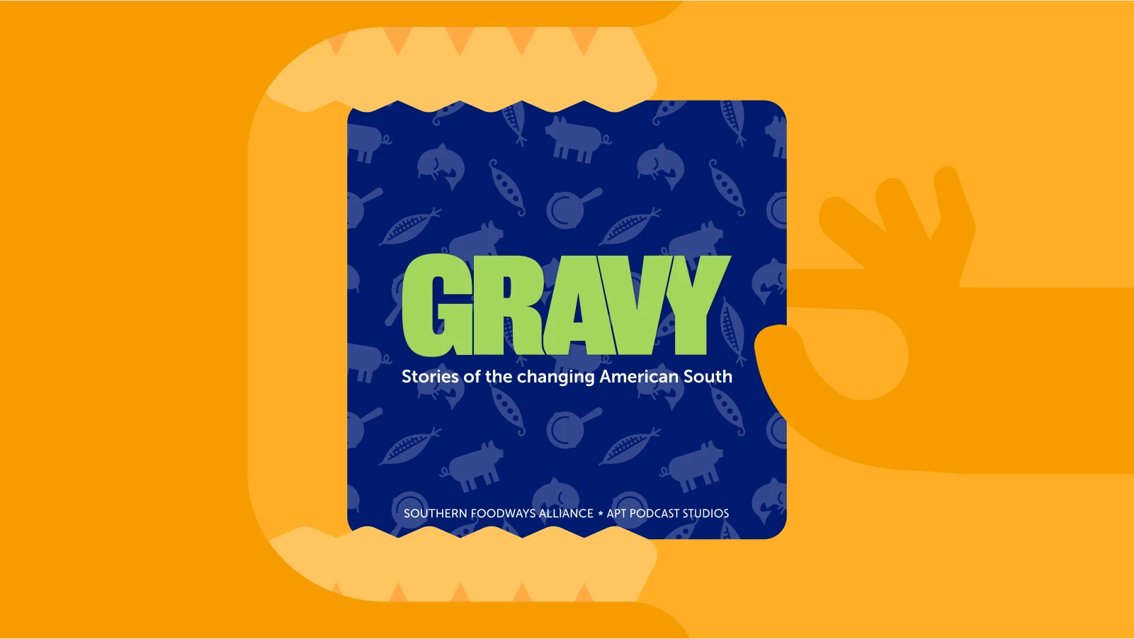 Gravy podcast cover with blue design placed inside an open mouth illustration on an yellow background, highlighting a popular food podcast
