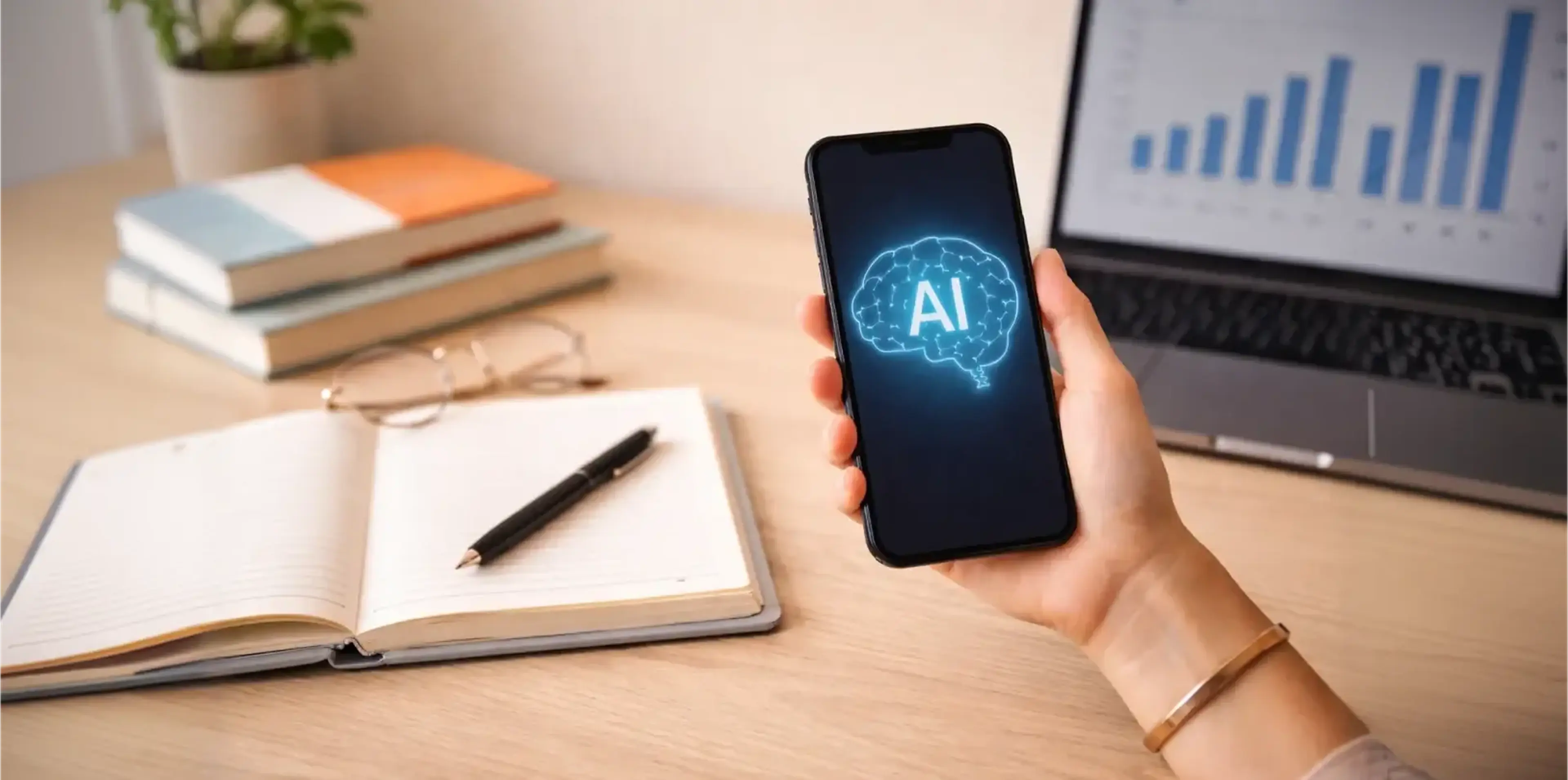 Hand holding smartphone with glowing AI brain icon on wooden desk with open notebook, laptop displaying analytics chart in background