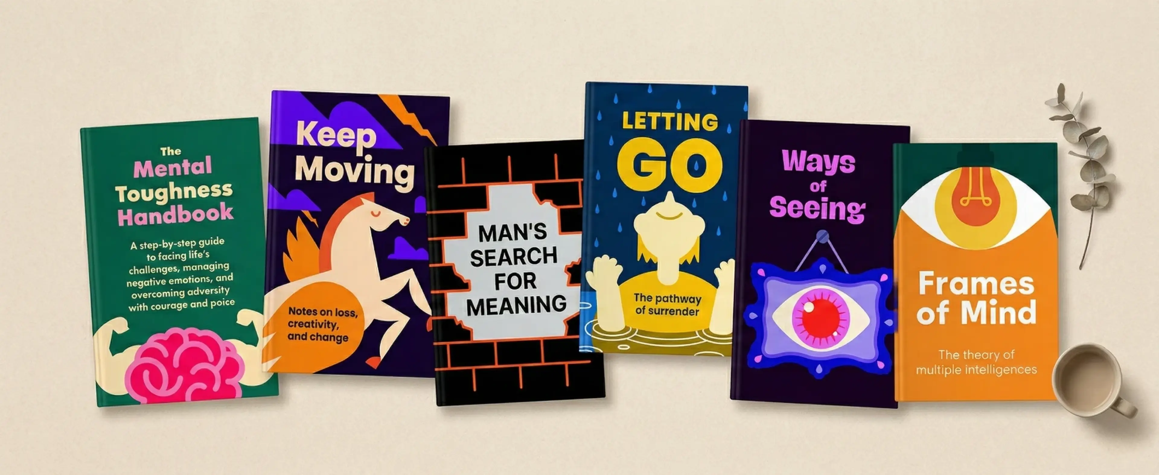 six-psychology-and-self-help-books-arranged-on-beige-surface-with-eucalyptus-branch-and-coffee-cup-featuring-mental-toughness-resilience-and-personal-growth-themes