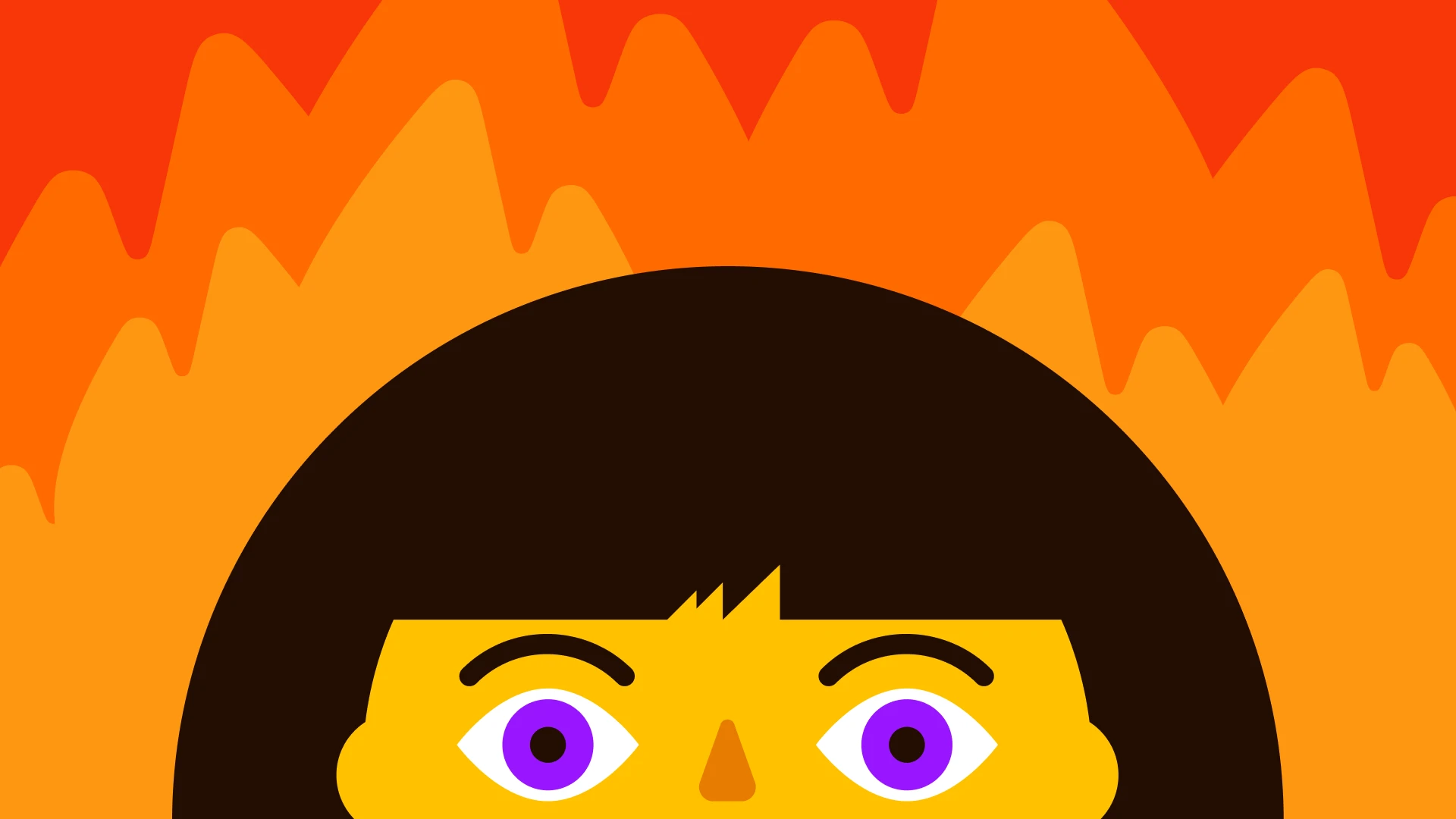 Wide purple eyes peeking over intense orange flames representing overwhelming burnout experience