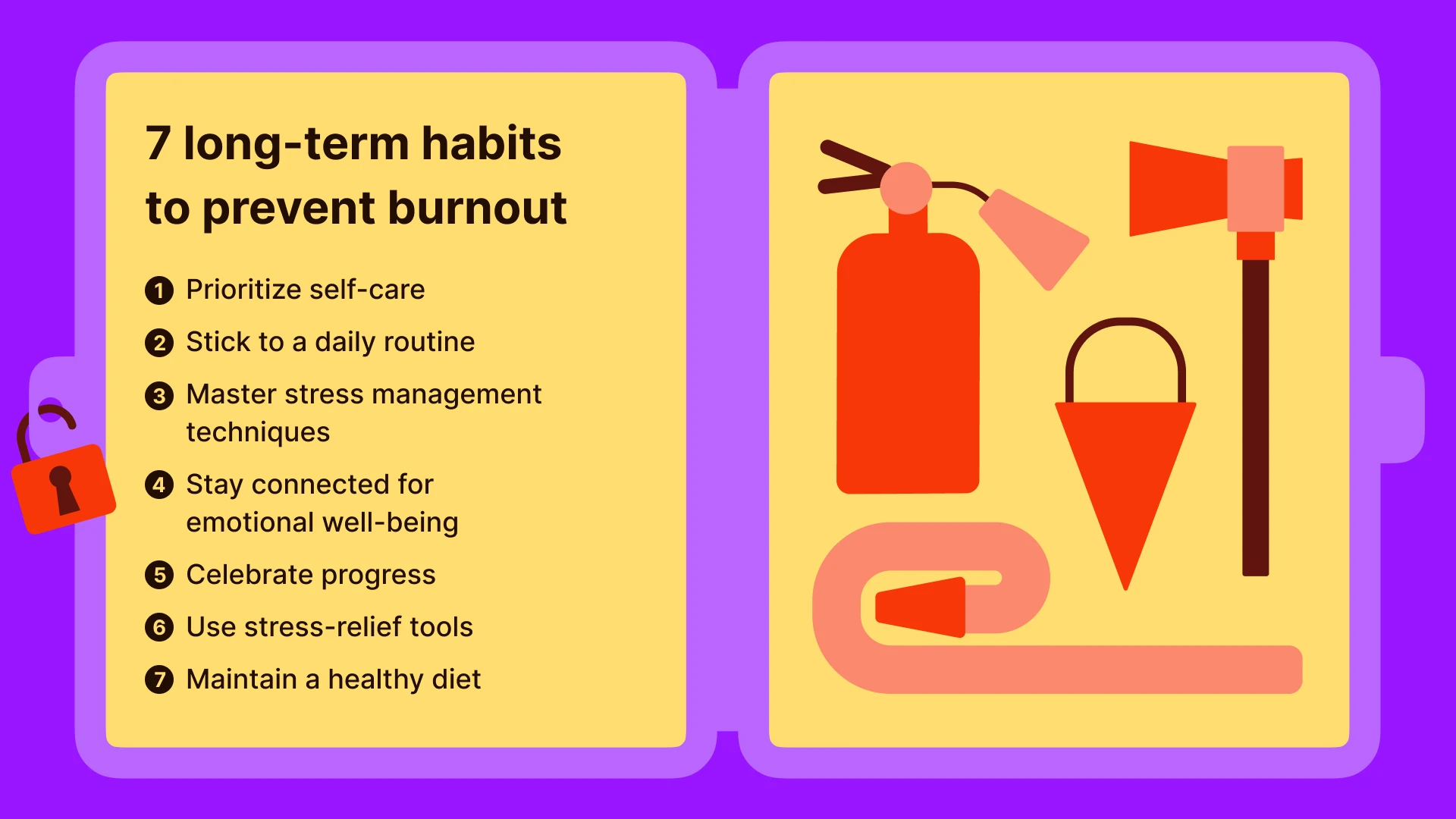 Seven long-term burnout prevention habits list with fire extinguisher and wellness items on purple frame