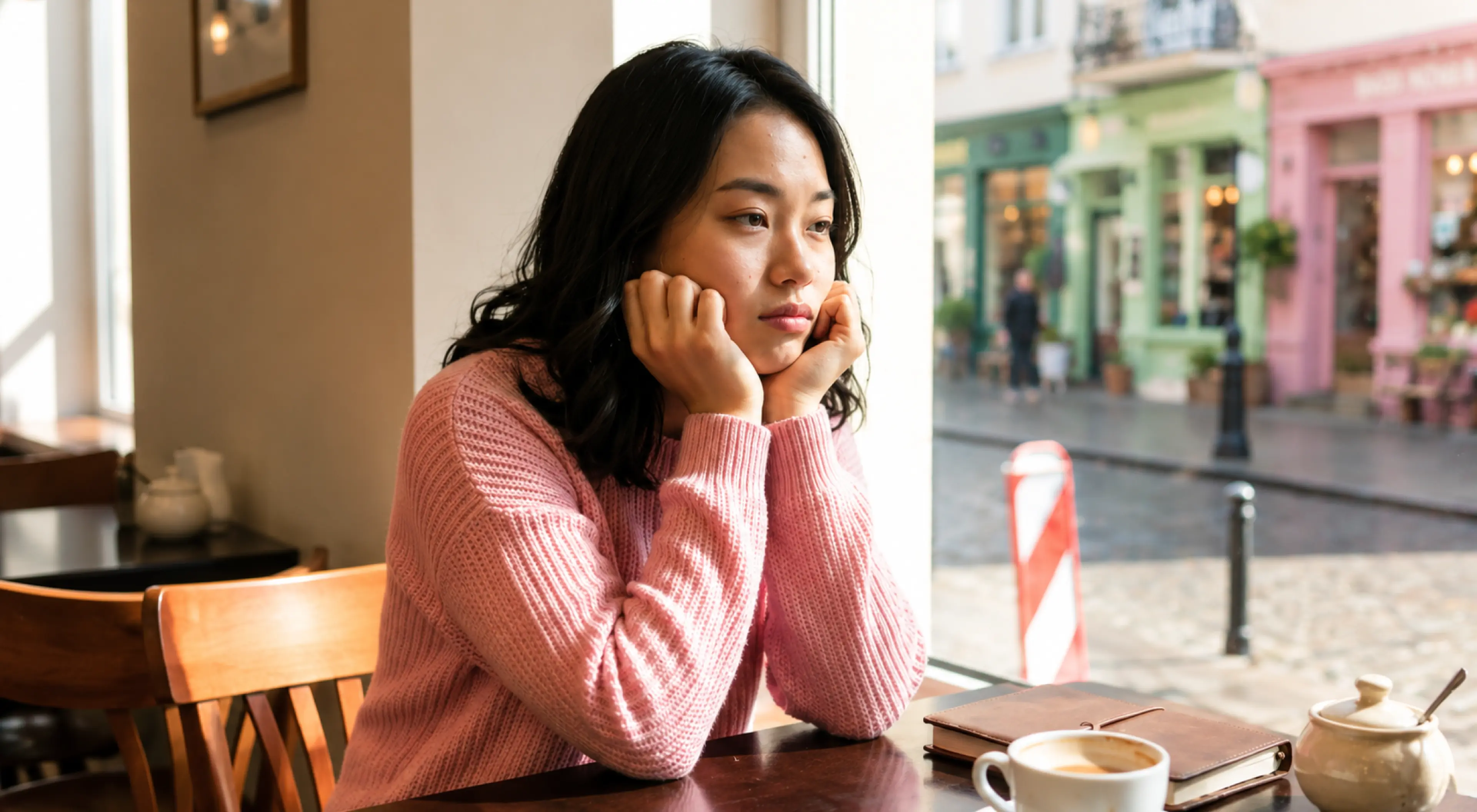 Young Asian woman in a pink sweater sitting alone at a café table, resting her chin on her hands and gazing pensively out the window at a colorful European street