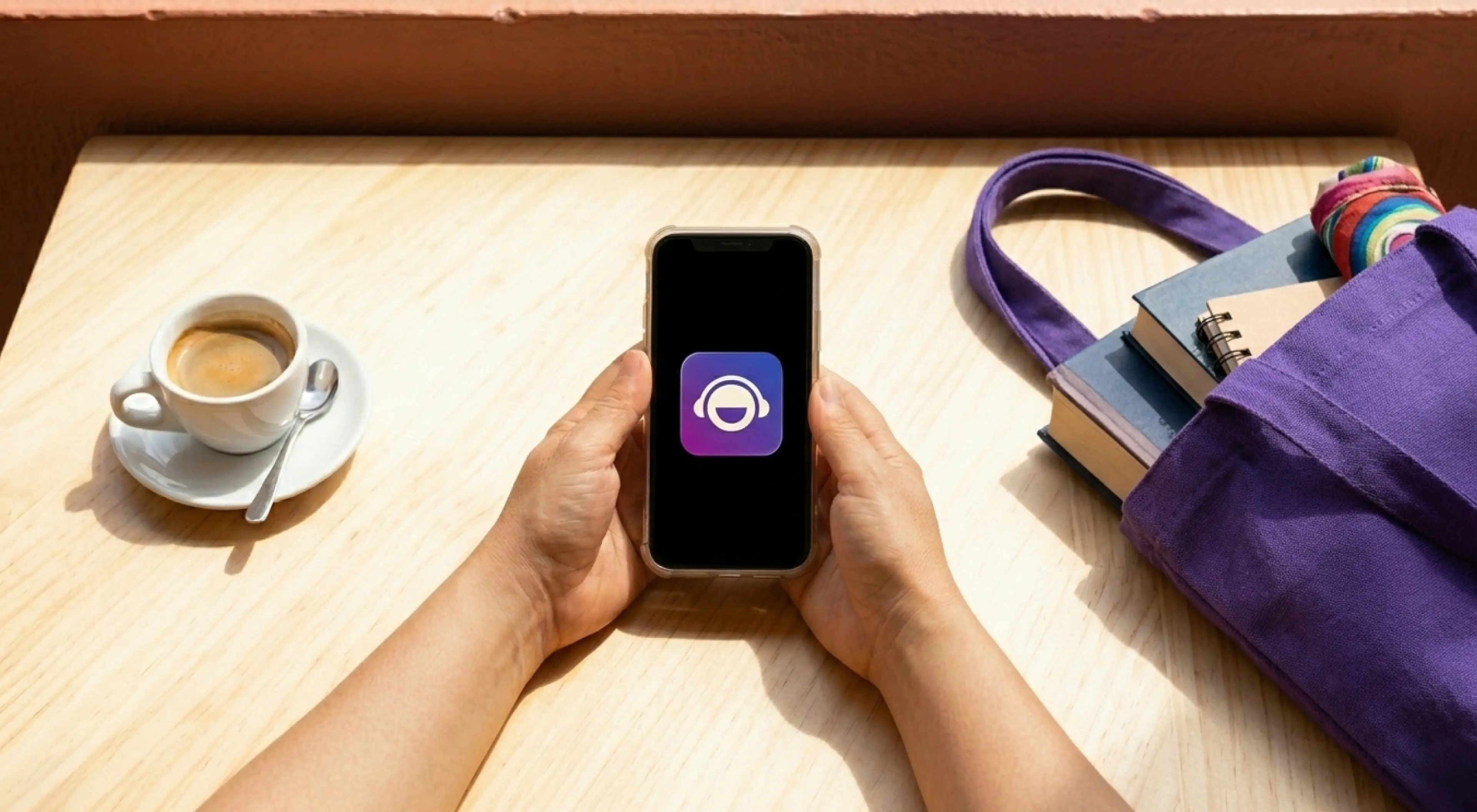_Hands holding a smartphone with the BrainFM app icon on a wooden table beside a coffee cup and purple tote bag with books, representing focus music for productivity_