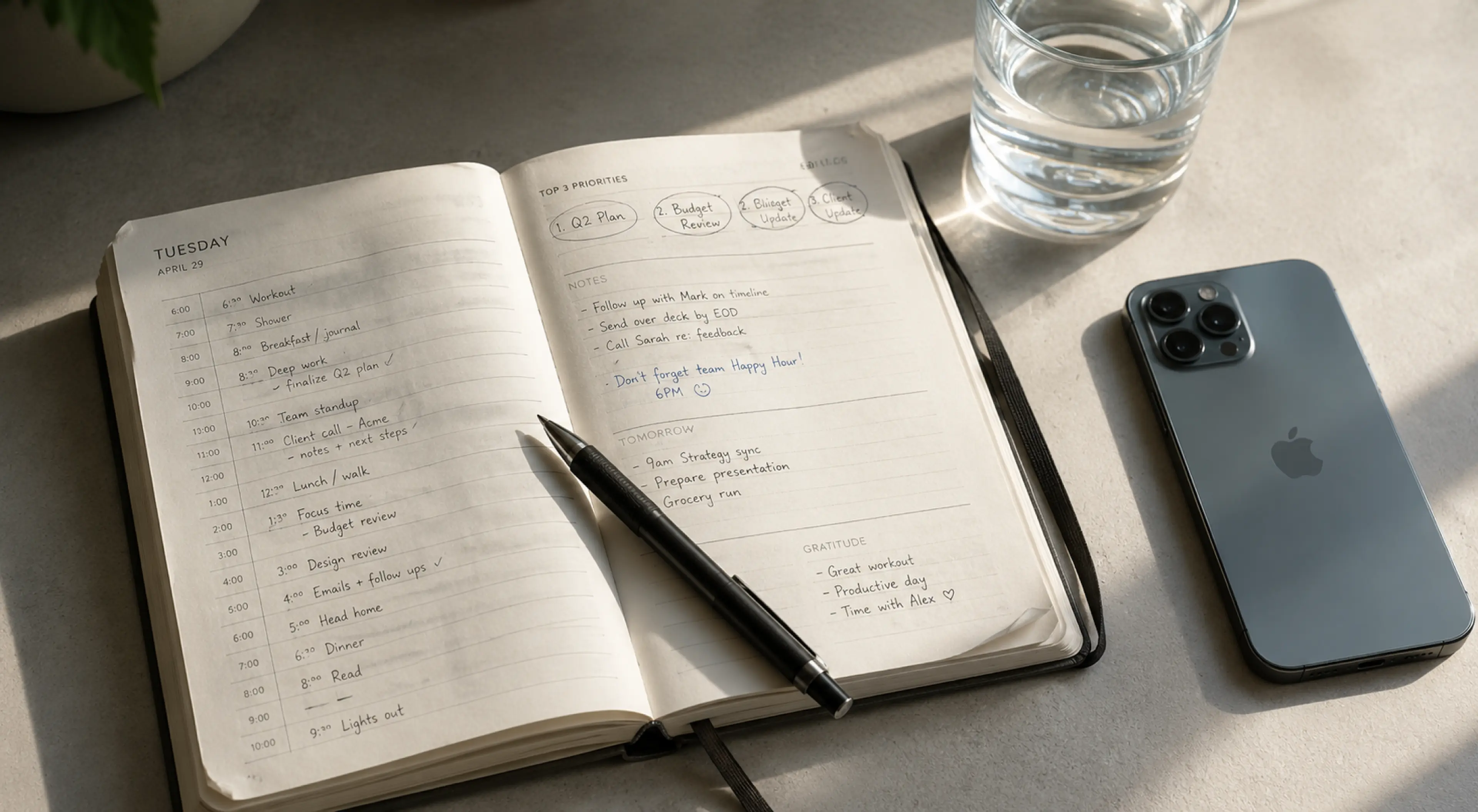 Open planner and notebook with a pen, iPhone, and glass of water on a desk — flat lay of a daily productivity routine setup