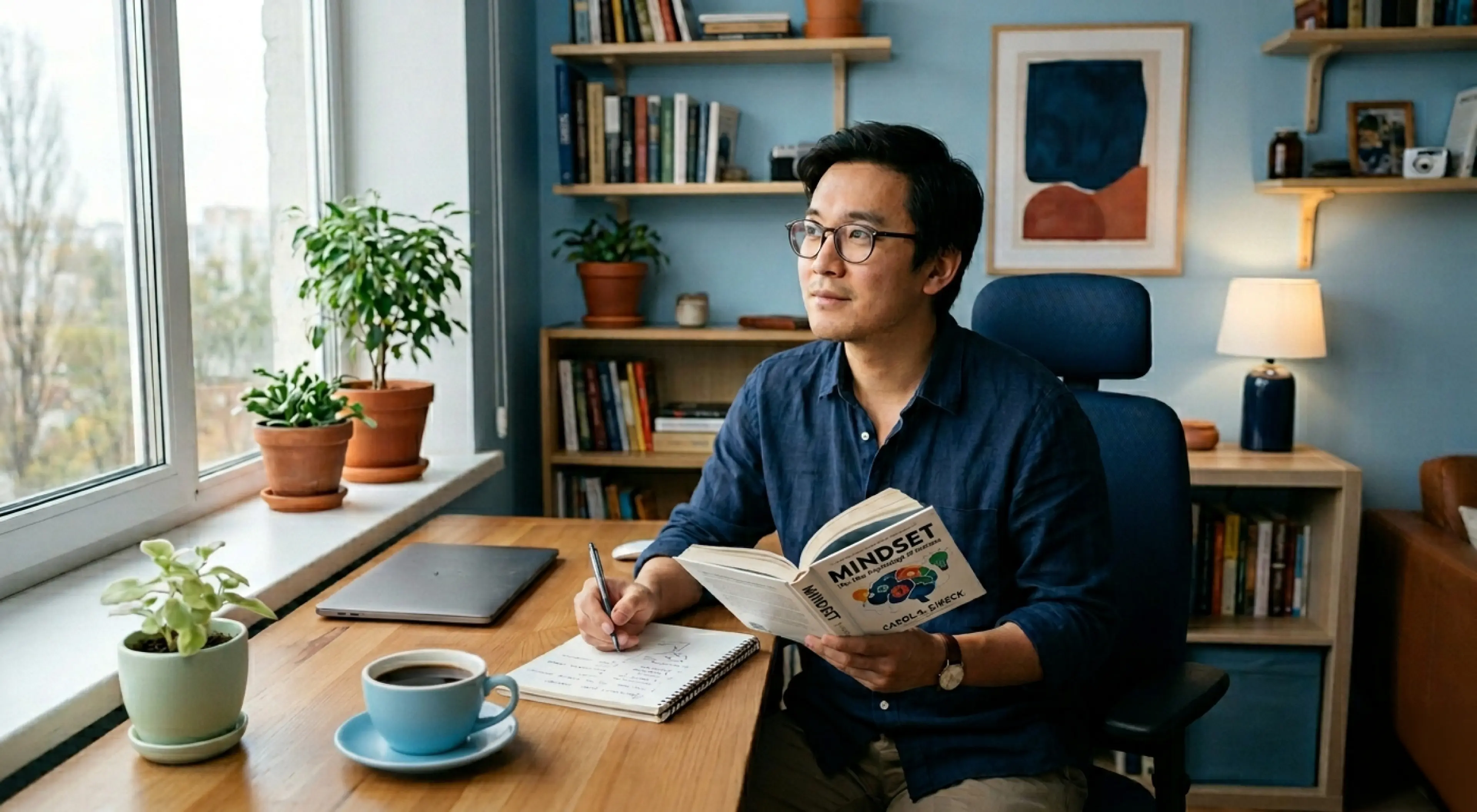 Man sitting at a wooden desk holding the Mindset book and taking notes, with plants, a coffee cup, and a bookshelf in the background — growth mindset activities_