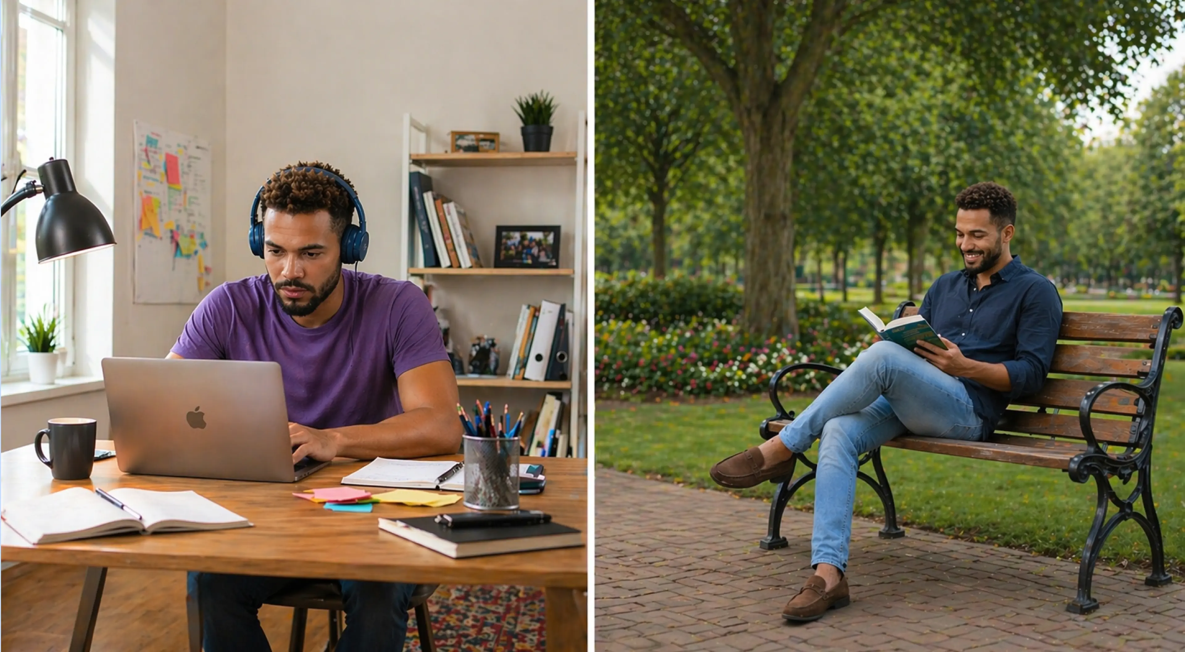 Man in purple shirt wearing blue headphones working on a MacBook at a wooden desk in a home office, and a man in dark blue shirt reading a book on a park bench — Type A vs Type B personality guide