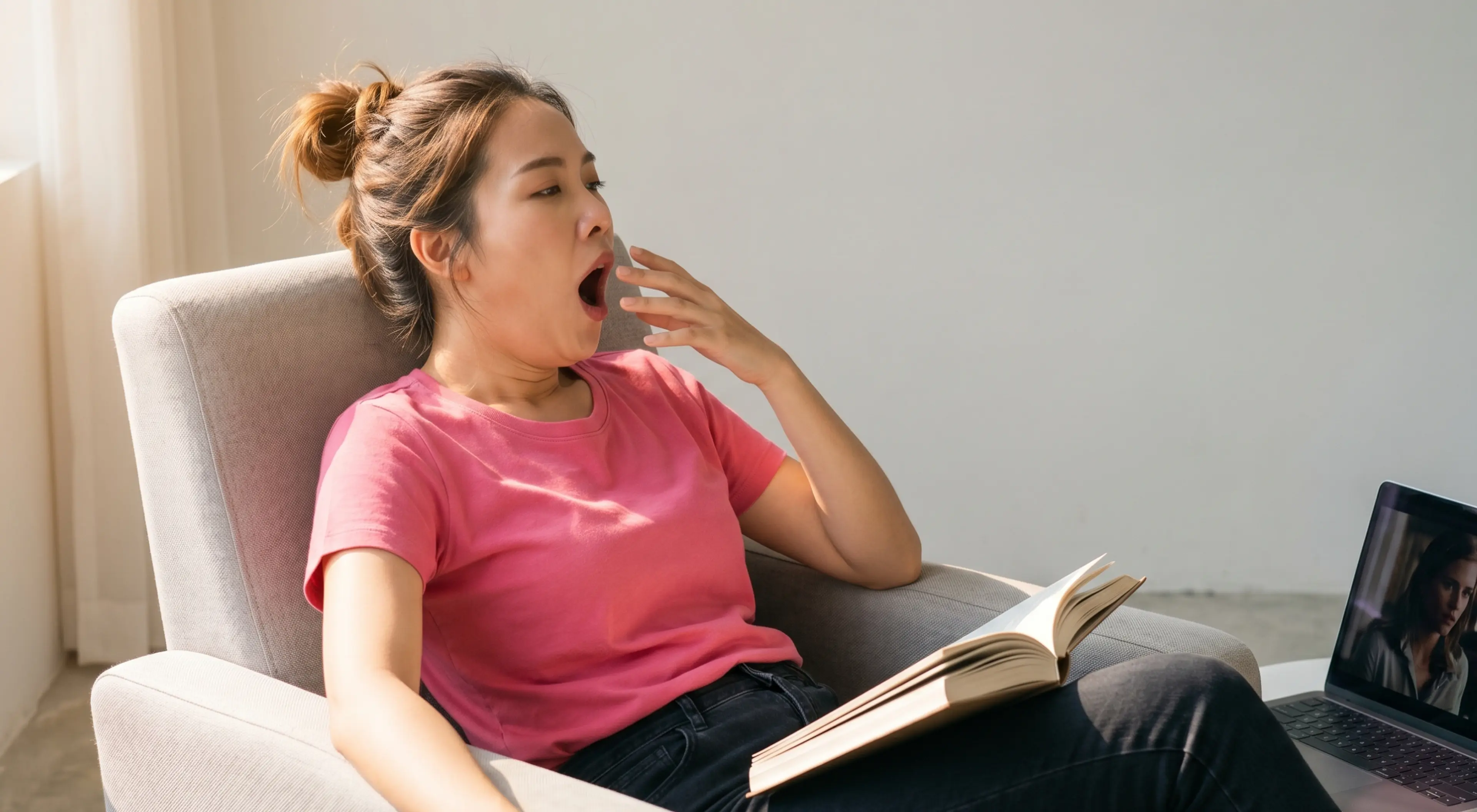 Asian woman in a pink t-shirt yawning while holding an open book in a gray armchair, with a laptop open beside her in a bright room