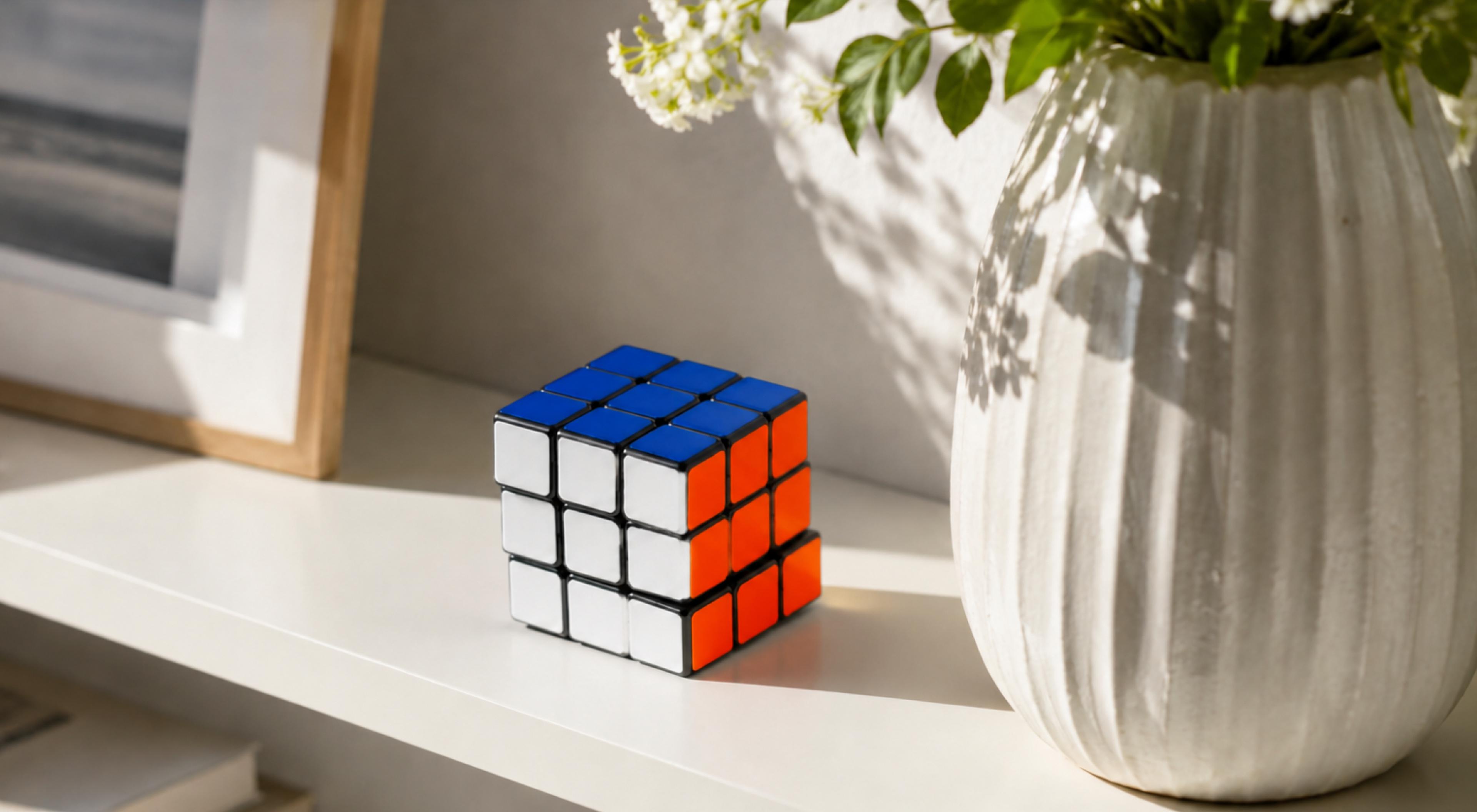 A partially solved Rubik's cube with blue and orange faces sitting on a white shelf next to a white ribbed vase with green plants, symbolizing problem-solving and the pursuit of small wins