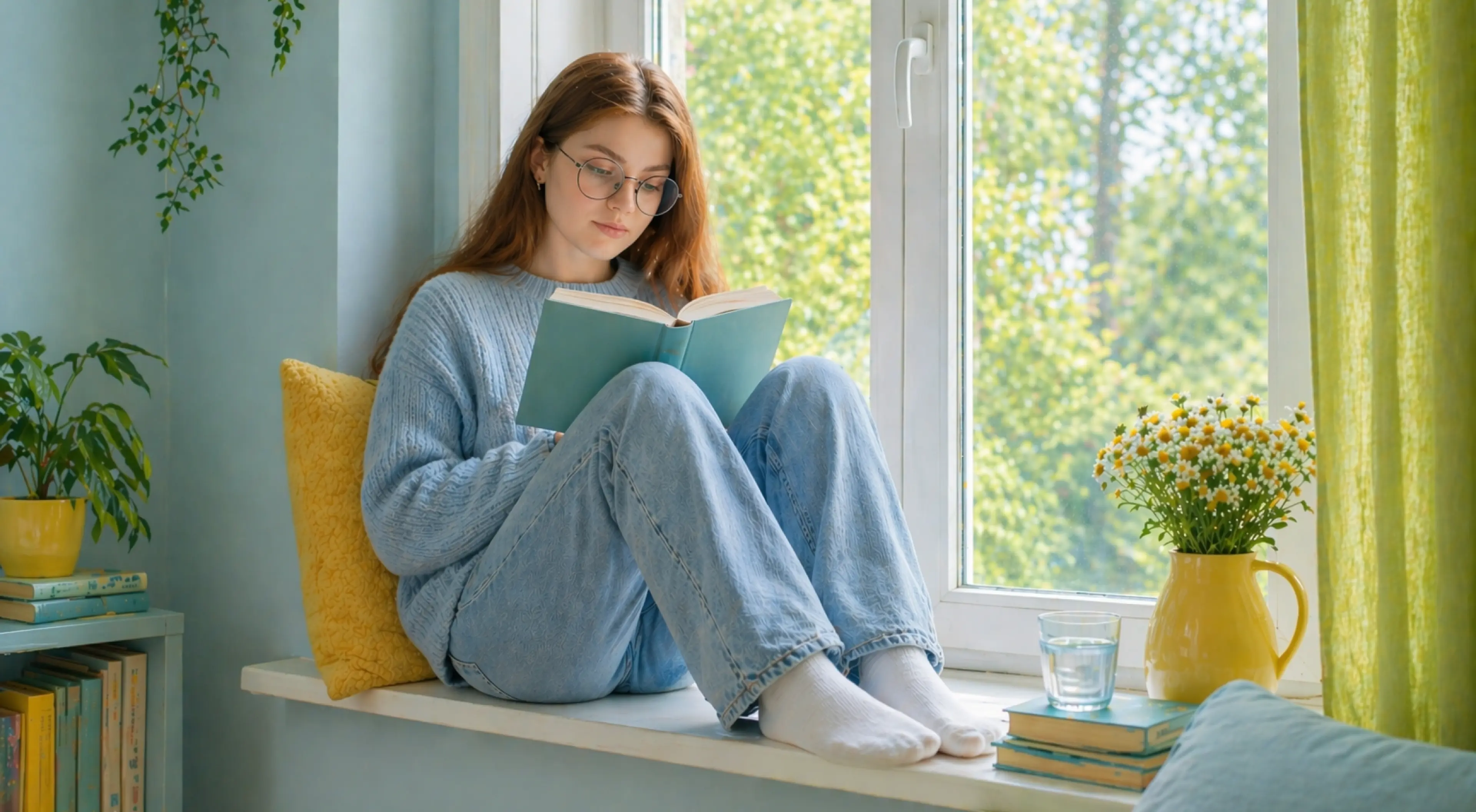 Young well-read woman in a blue sweater reading a book on a windowsill surrounded by plants, yellow cushions, and green curtains in a bright cozy room