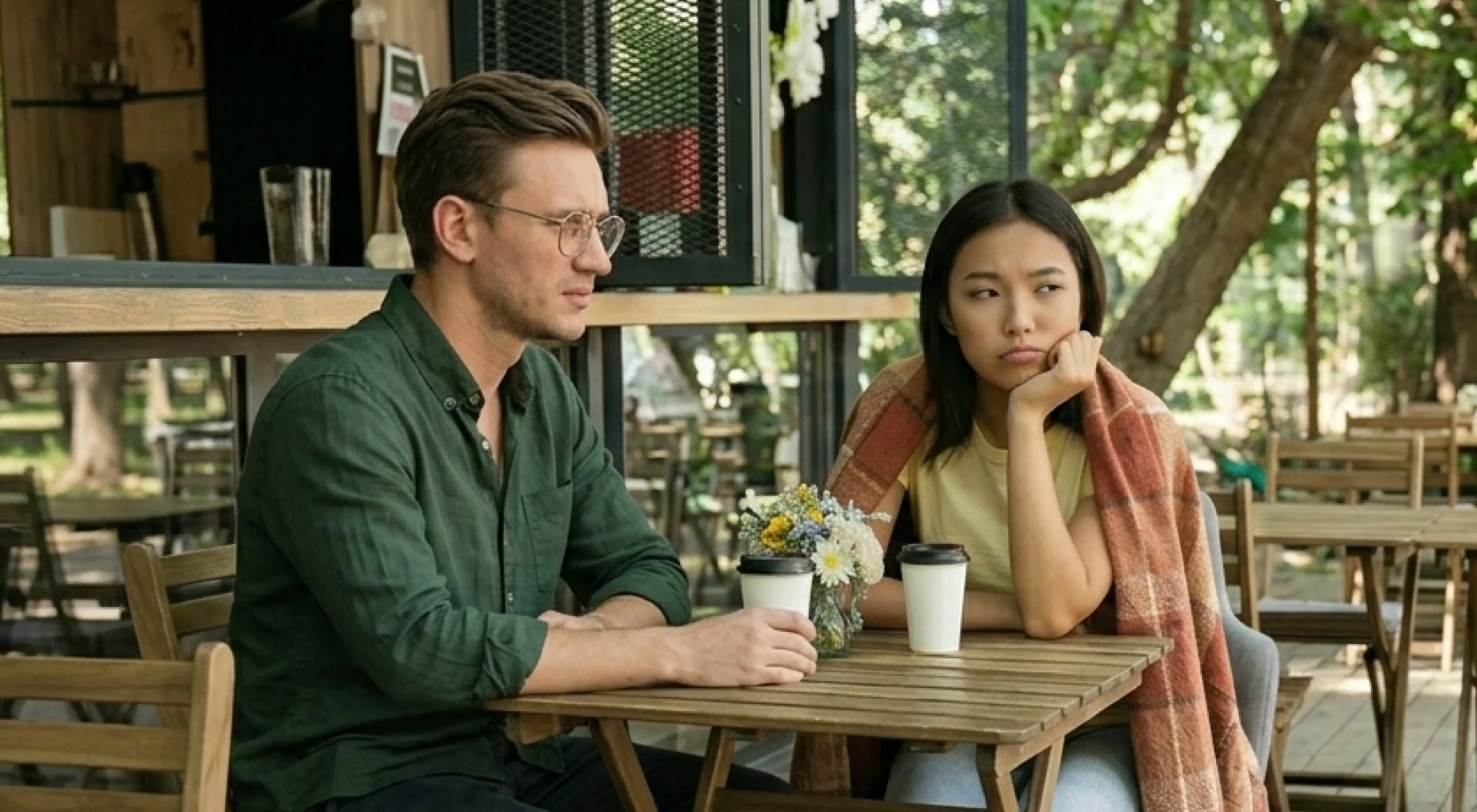 Man in a green shirt and woman with a pink shawl sitting across from each other at an outdoor café table, looking distant and avoiding eye contact