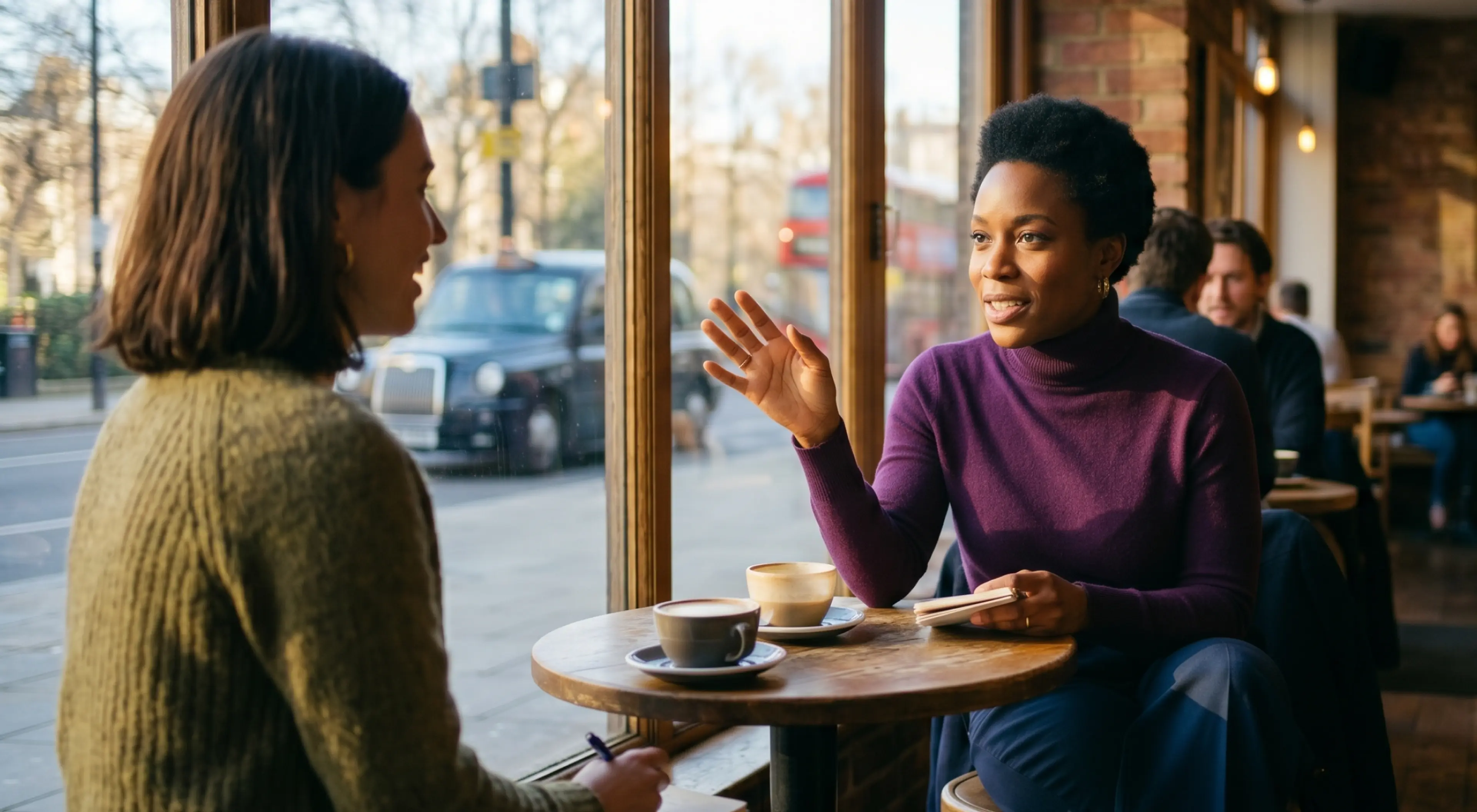 Two women having an engaged conversation over coffee at a café table by a window with a city street in the background — social intelligence skills