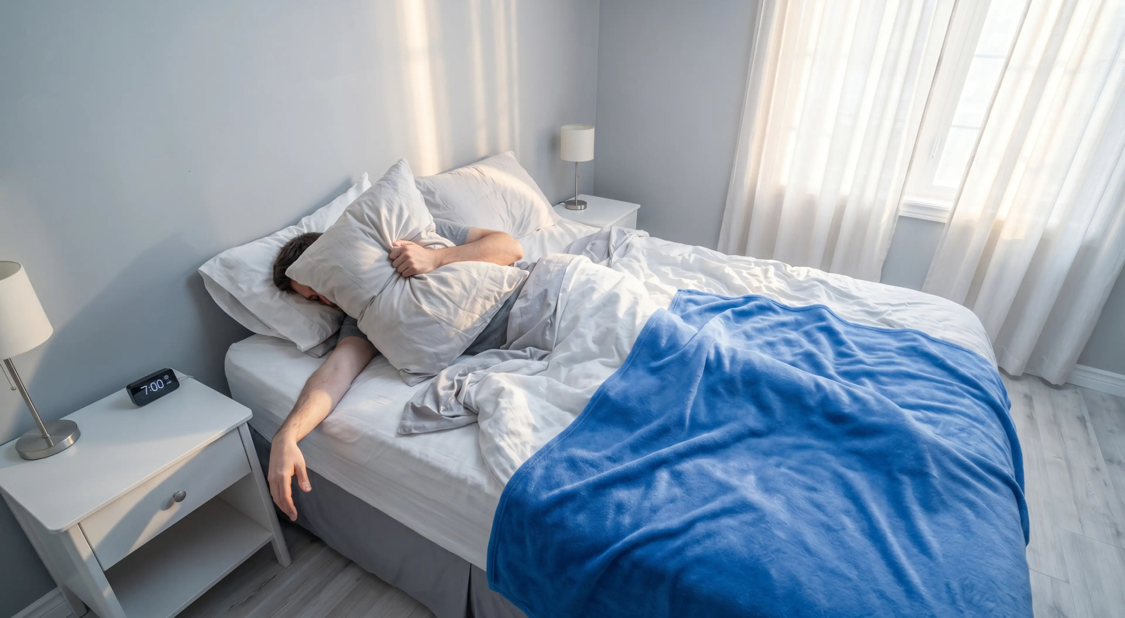 Person lying in bed under a blue blanket in a bright bedroom with a digital alarm clock on the nightstand — how to stop being lazy