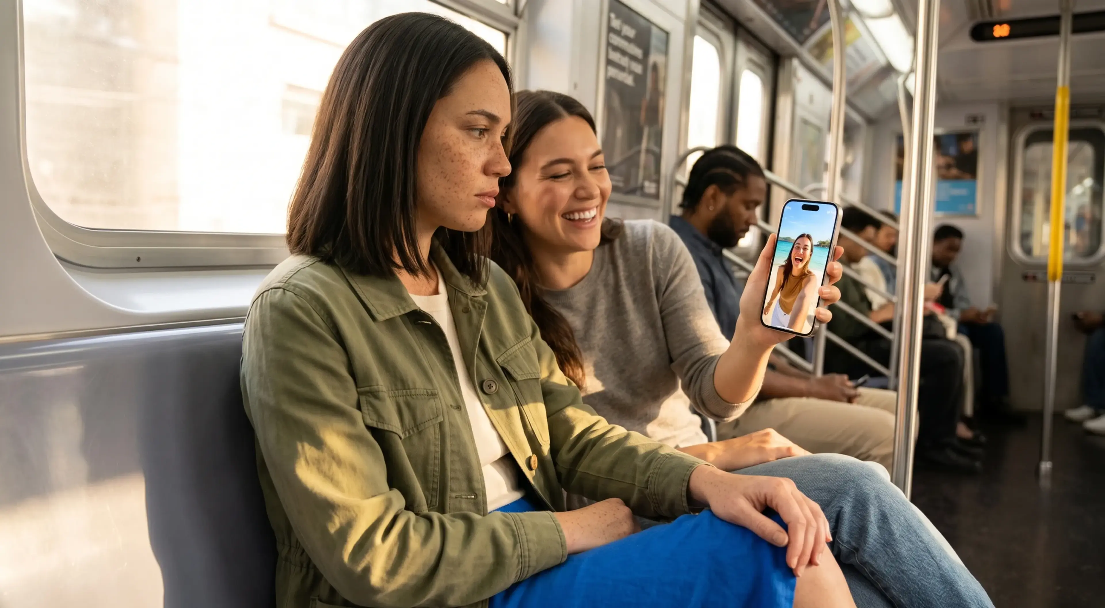 Two young women sitting in a subway car, one showing the other a photo of a woman on a smartphone screen, smiling together while other passengers sit in the background