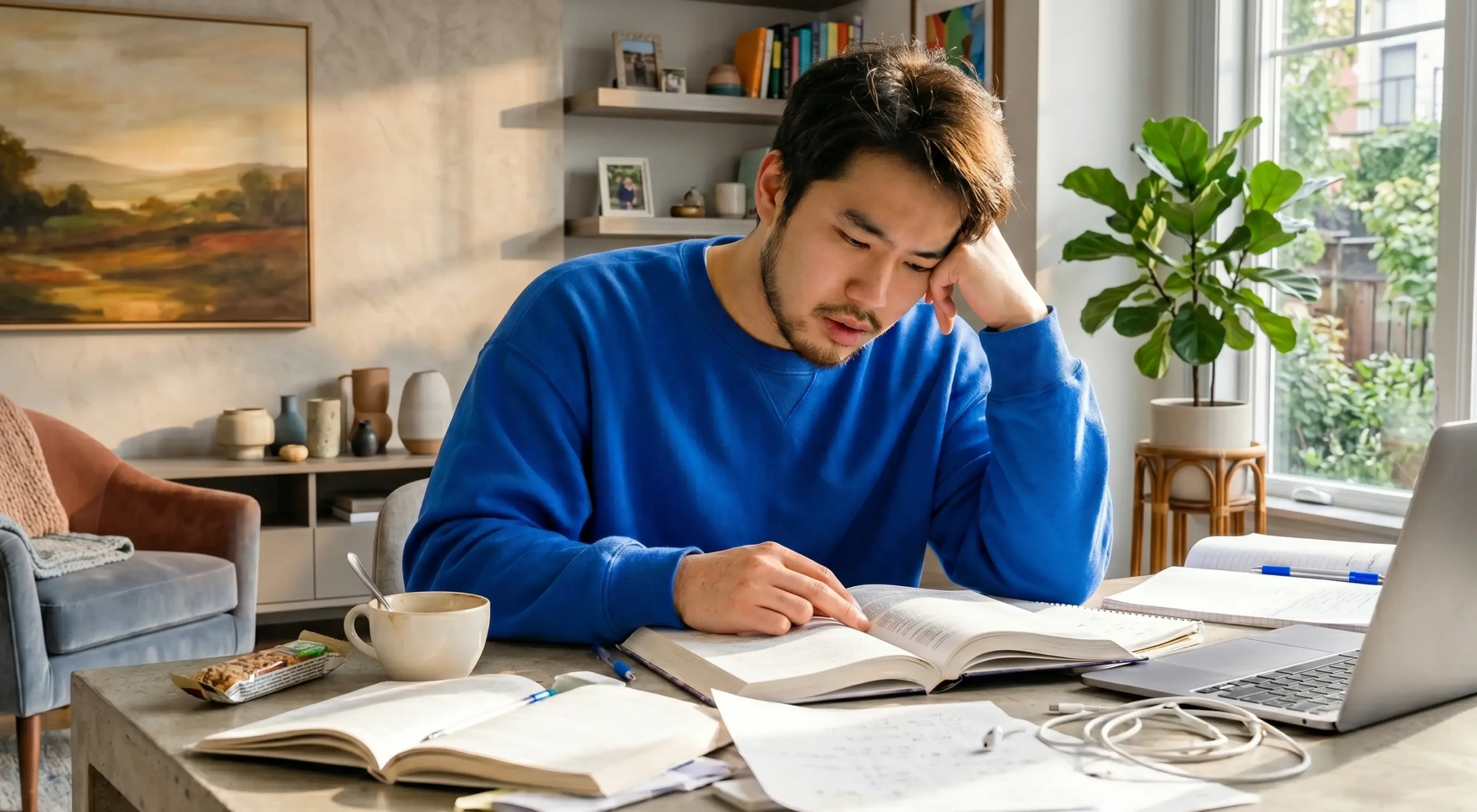 Young Asian man in blue sweatshirt studying at home desk, looking stressed with open books and laptop, warm cozy living room background