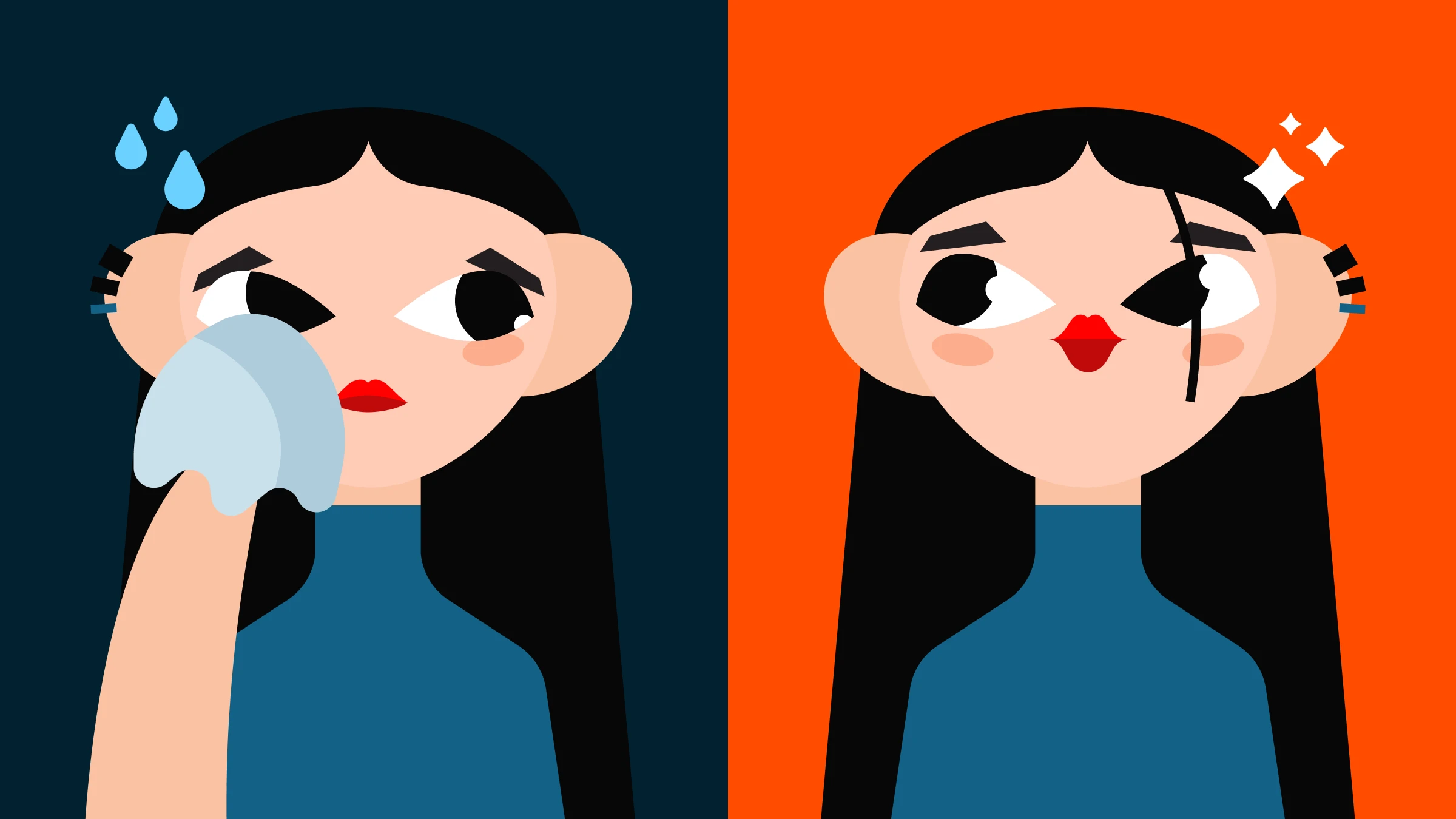 Split illustration showing a woman wiping tears on the left and smiling confidently on the right, representing emotional release, recovery, and improved well-being through crying