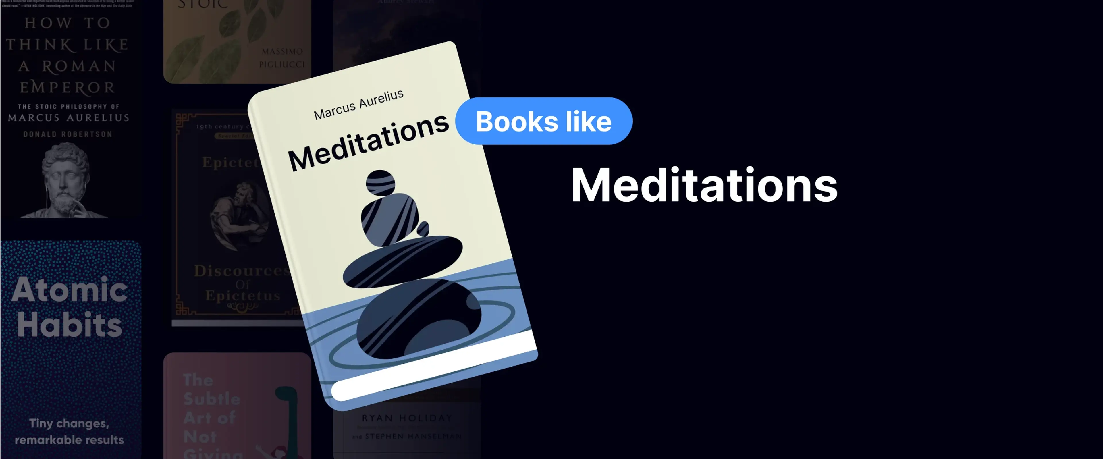Book cover of Meditations by Marcus Aurelius with stacked stones representing balance and stoic philosophy