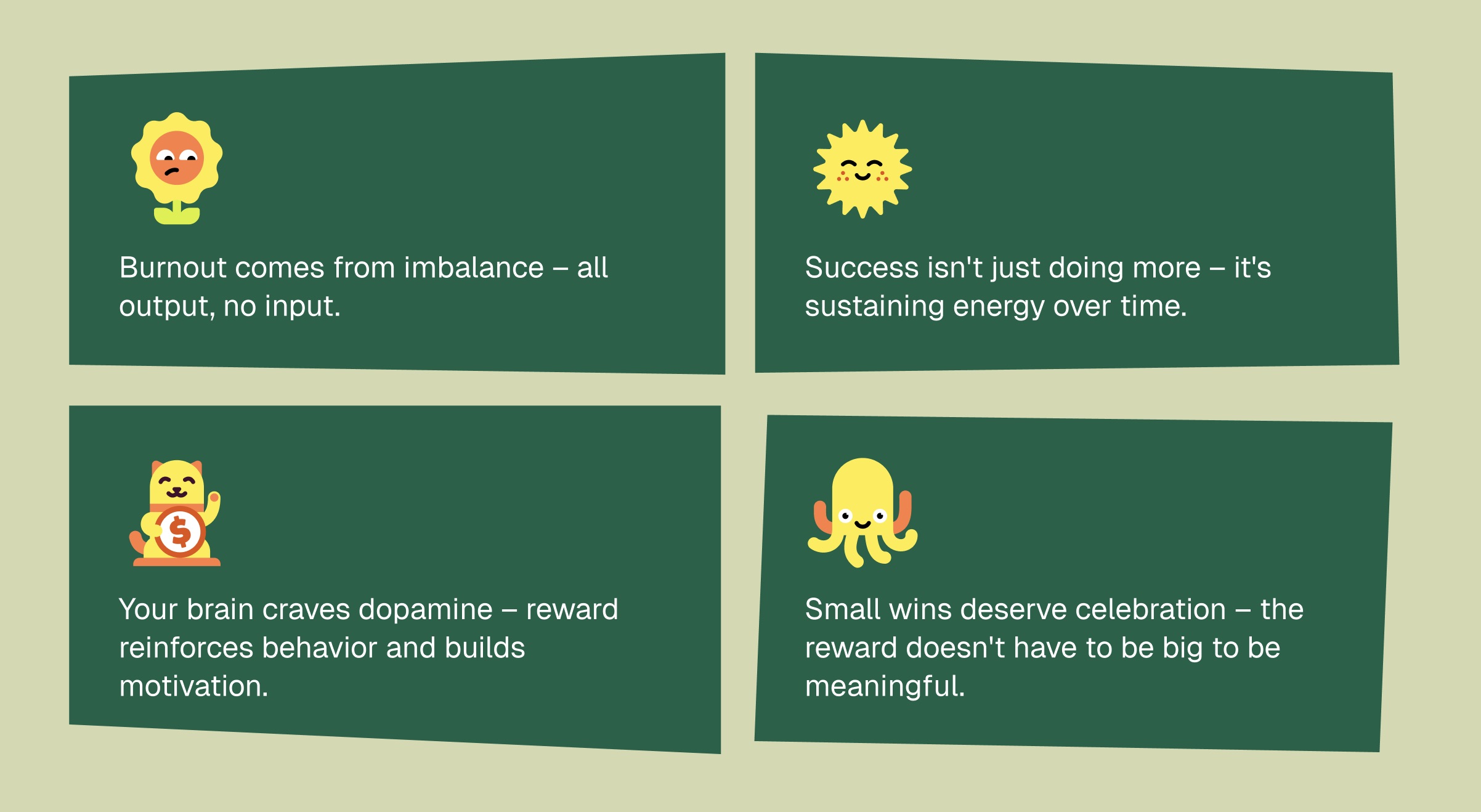 A four-panel illustrated graphic with cartoon characters highlighting key ideas about motivation and dopamine