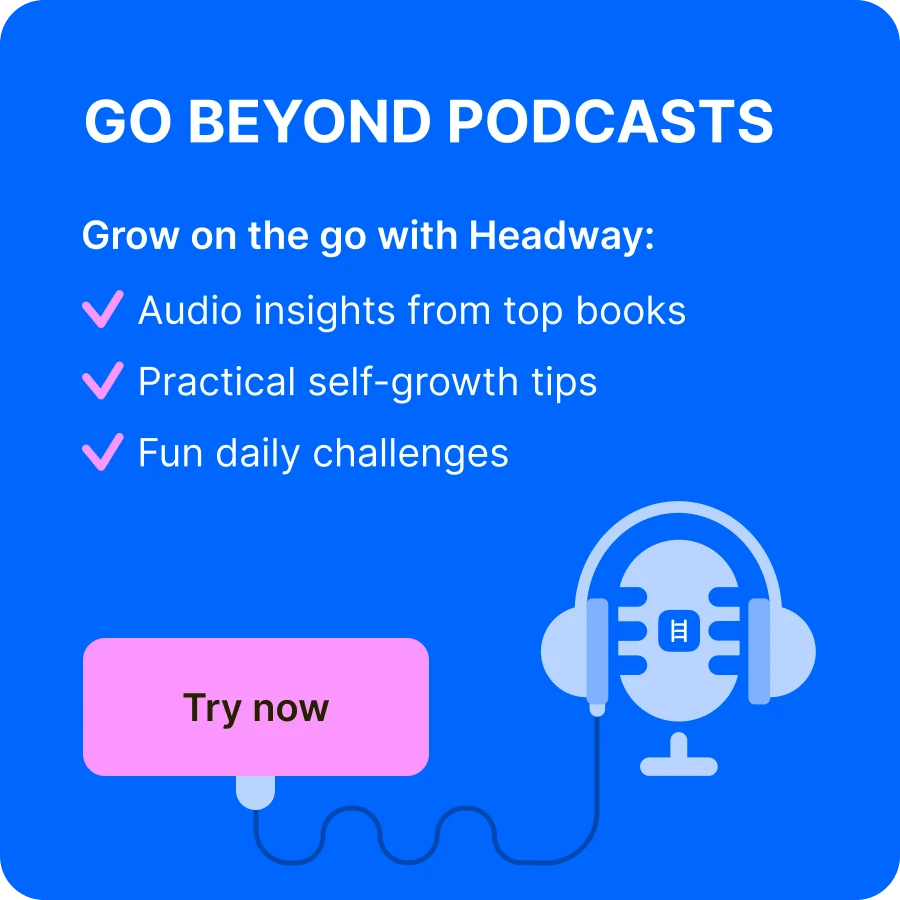 Illustration of a blue microphone with headphones beside a call-to-action box promoting Headway as an alternative to Self-Love Podcasts