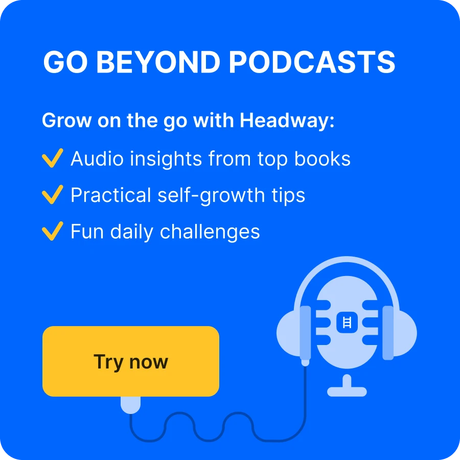 Illustration of a blue microphone with headphones beside a call-to-action box promoting Headway as an alternative to history podcasts