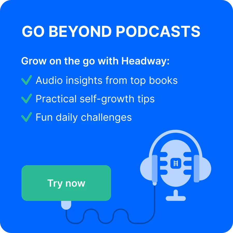 Illustration of a blue microphone with headphones next to a call-to-action box promoting Headway as an alternative to political podcasts