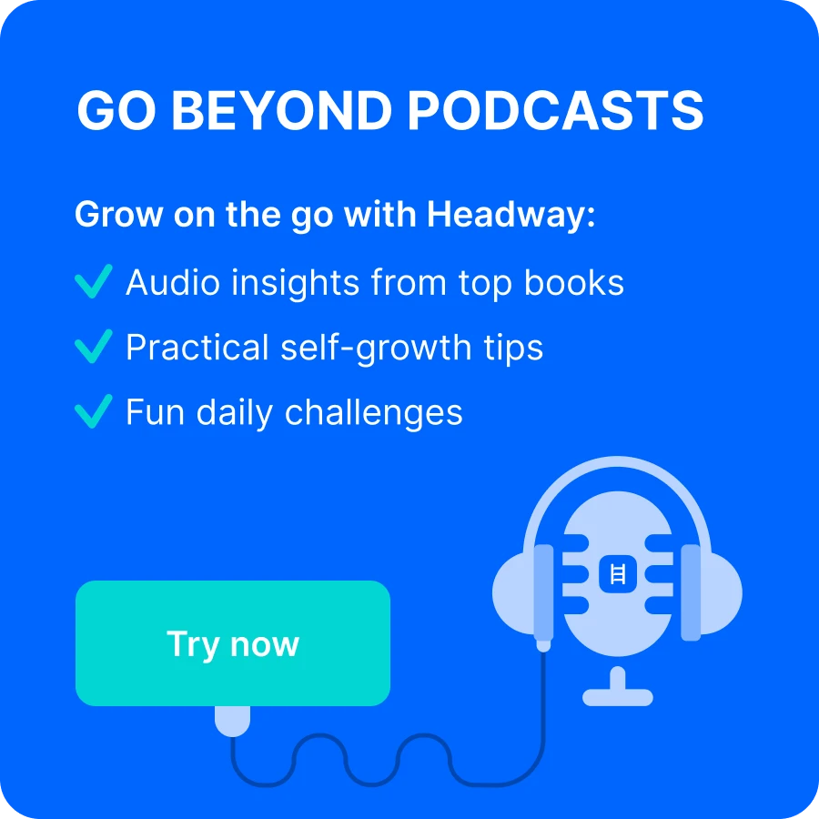 Blue graphic with text promoting app features beyond true crime podcasts, offering book insights and self-growth tips