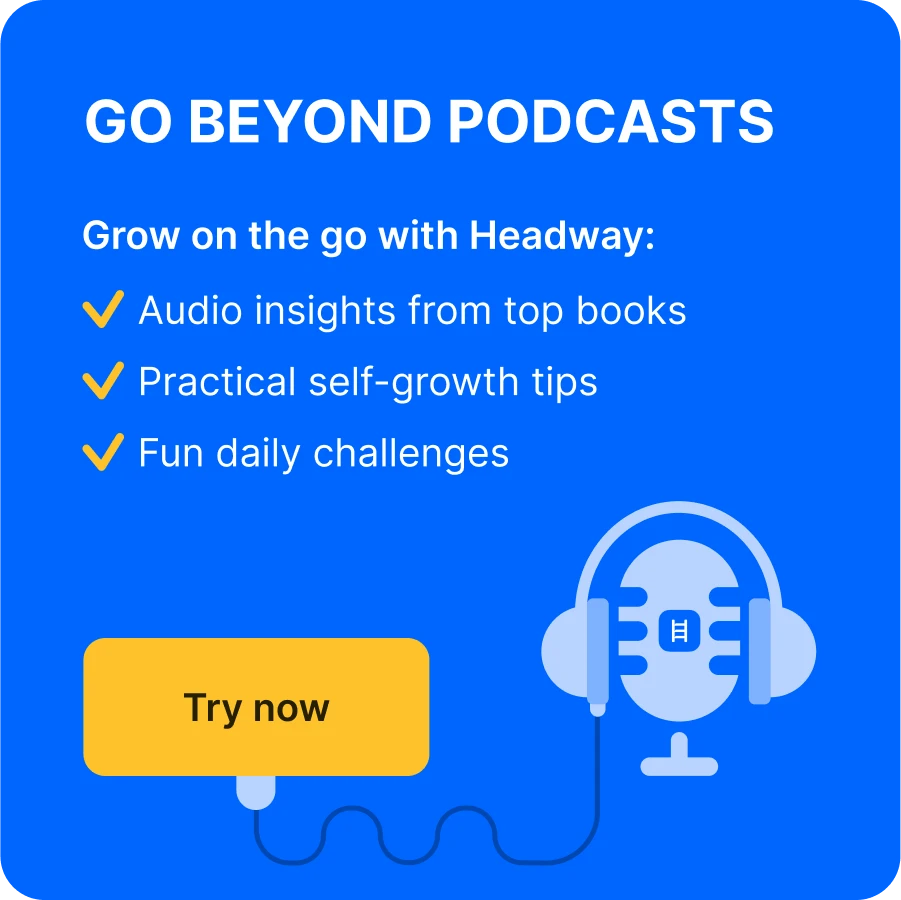Blue box with illustration of a microphone and text, connecting Headway with fiction podcasts and storytelling