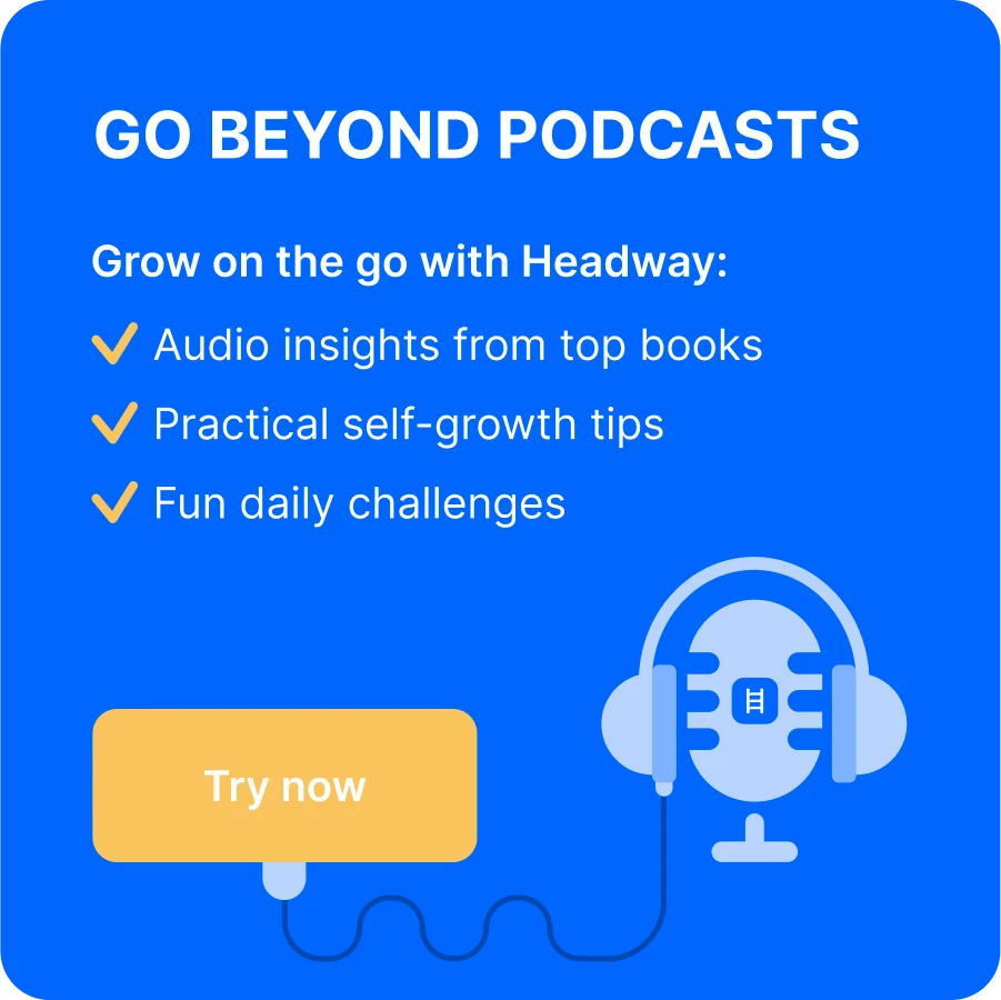 Blue graphic with text encouraging listeners to go beyond comedy podcasts with Headway app insights