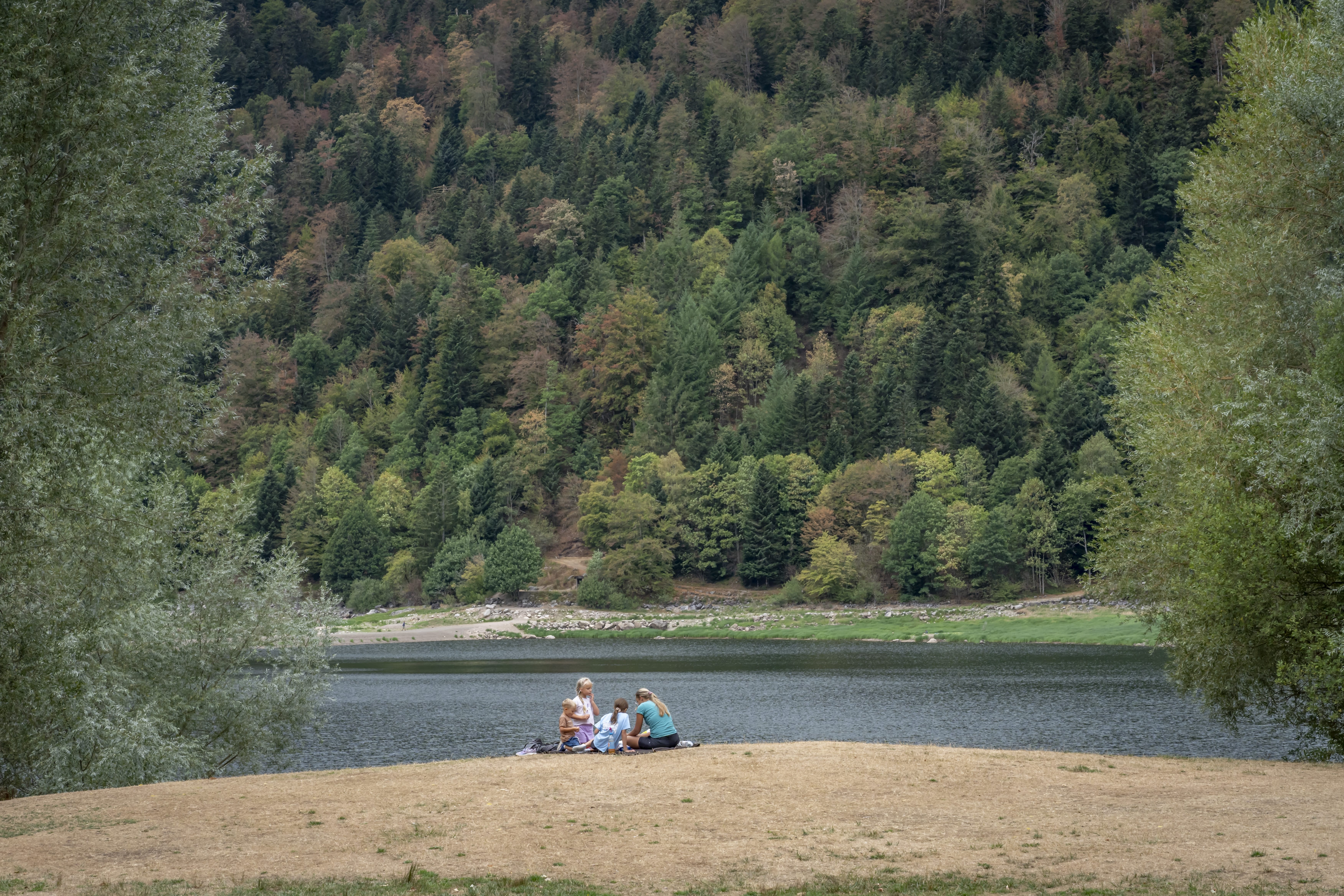 Een groep mensen die picknickt bij een meer, omringd door weelderig groen en bomen in herfstkleuren.