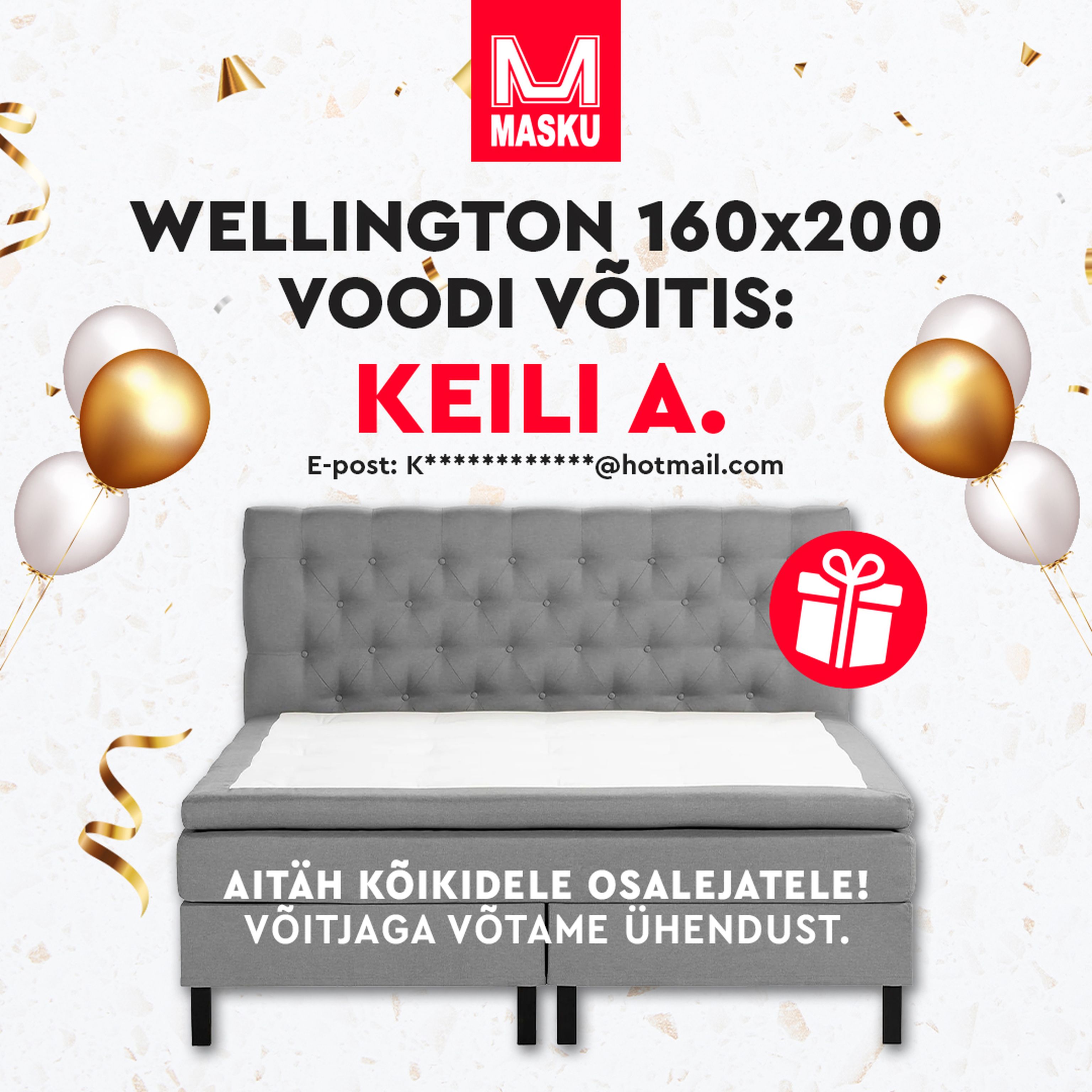 wellington 160x200 voodi hall kangast voodi Masku loosikampaania võitja Keili A.