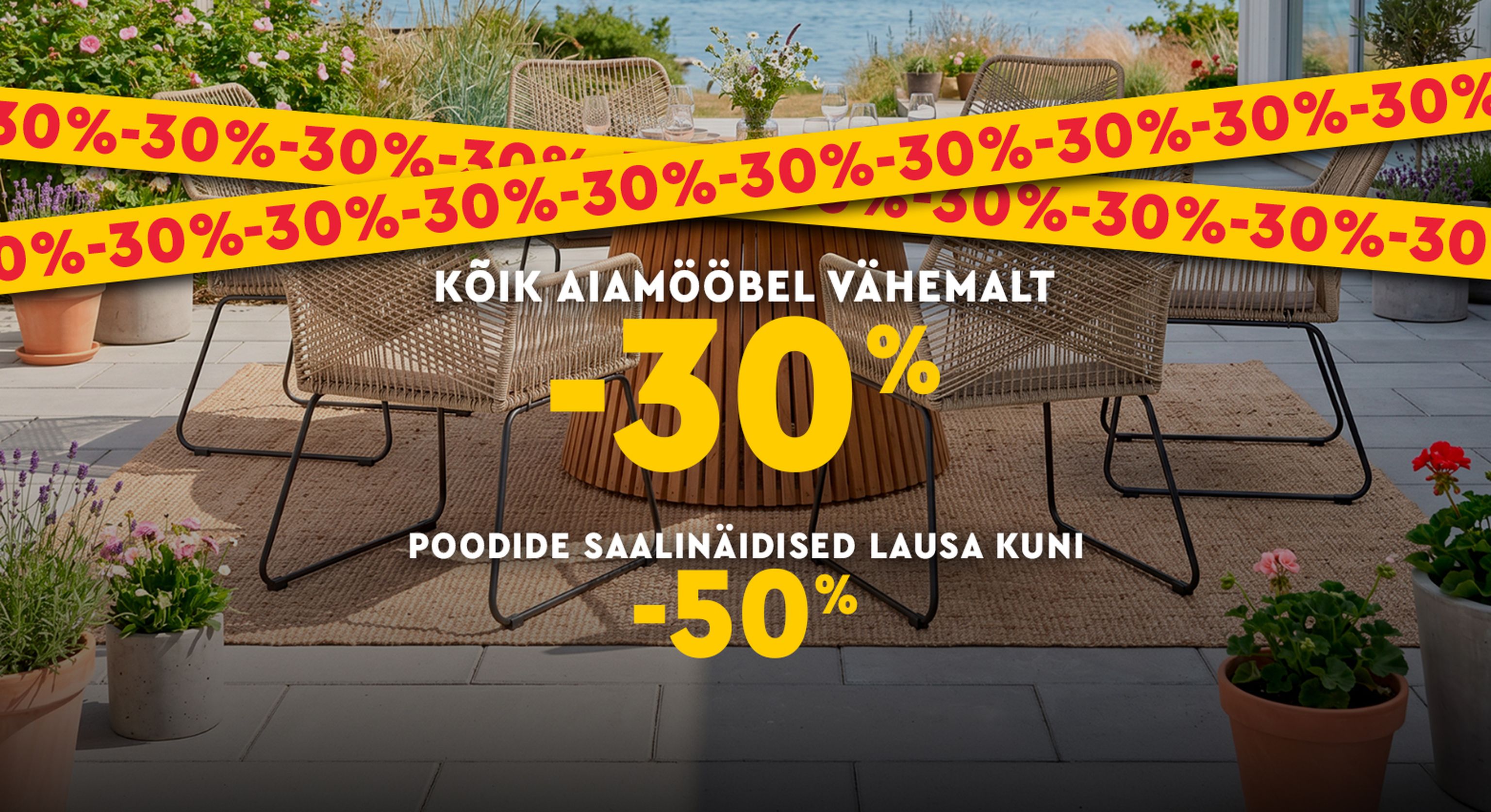 aiamööbli sooduskampaania bänner vähemalt -30%, poodide saalinäidised lausa kuni -50%