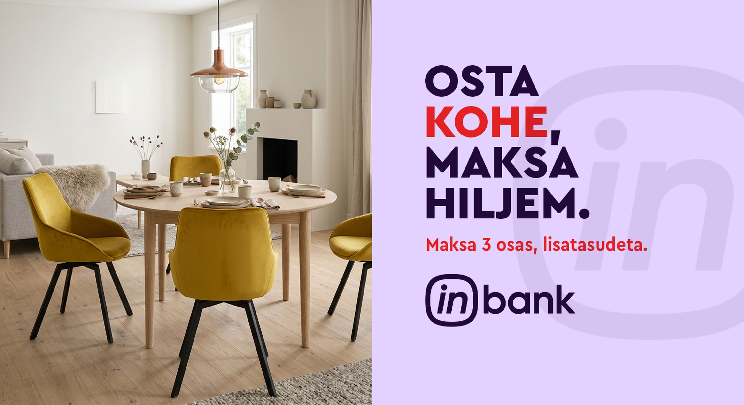 Inbank järelmaksu kampaaniabänner elutoaga, maksa 3 osas lisatasudeta