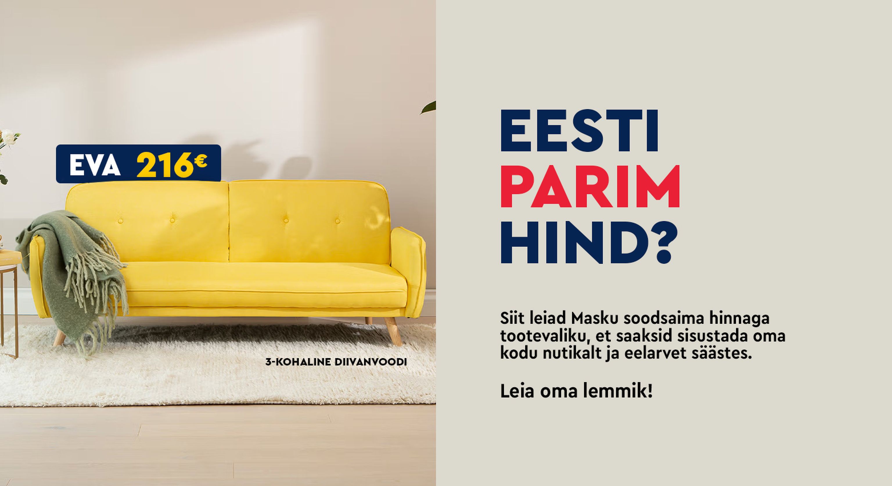 eva 3-kohaline diivanvoodi diivanvoodi kangas kollane Masku 3-kohaline elutuppa 216 €