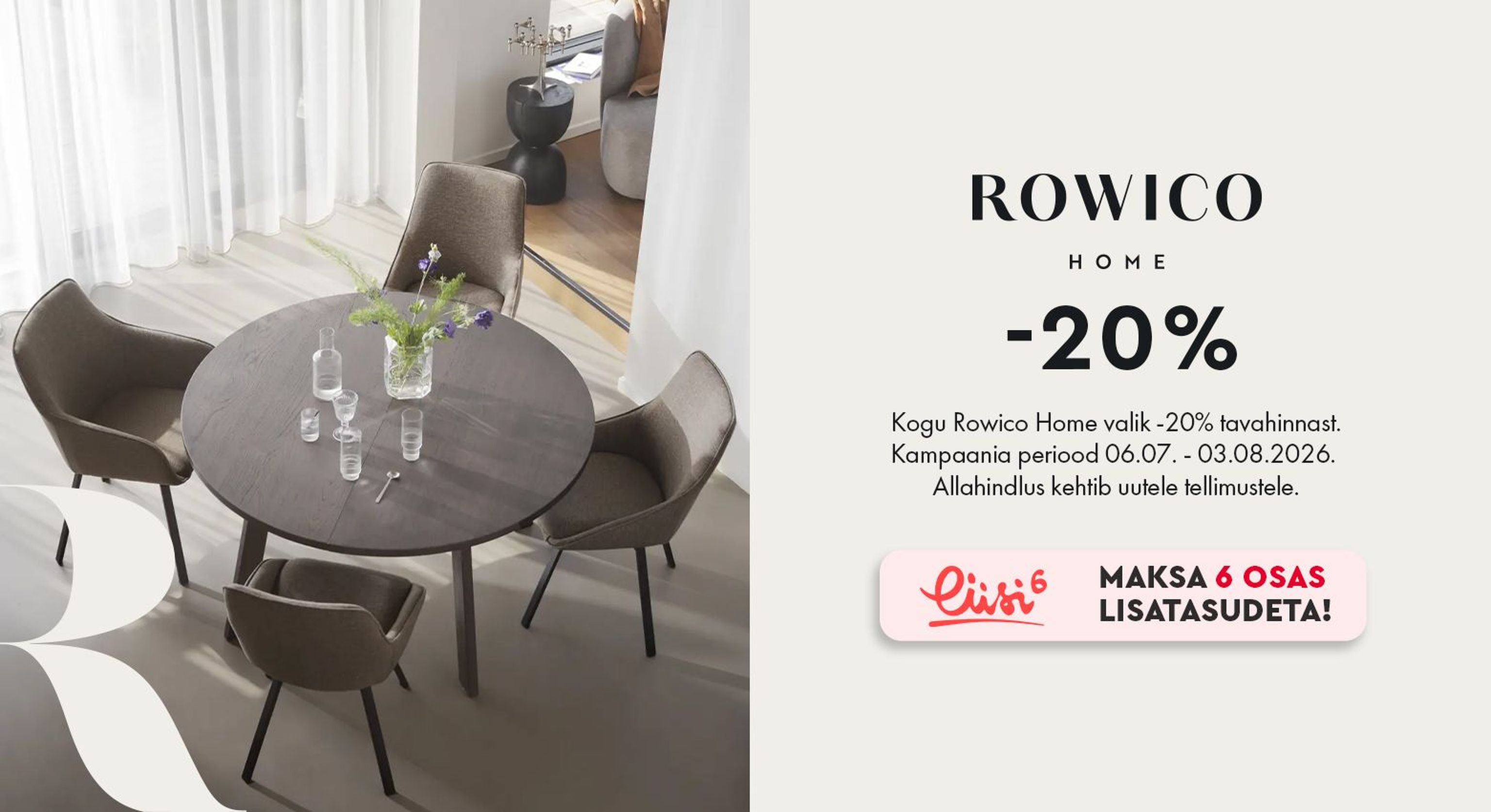 owico Home kampaaniabänner, söögilaud ja söögitoolid, -20% kampaania, kampaania 06.07.–03.08.2026