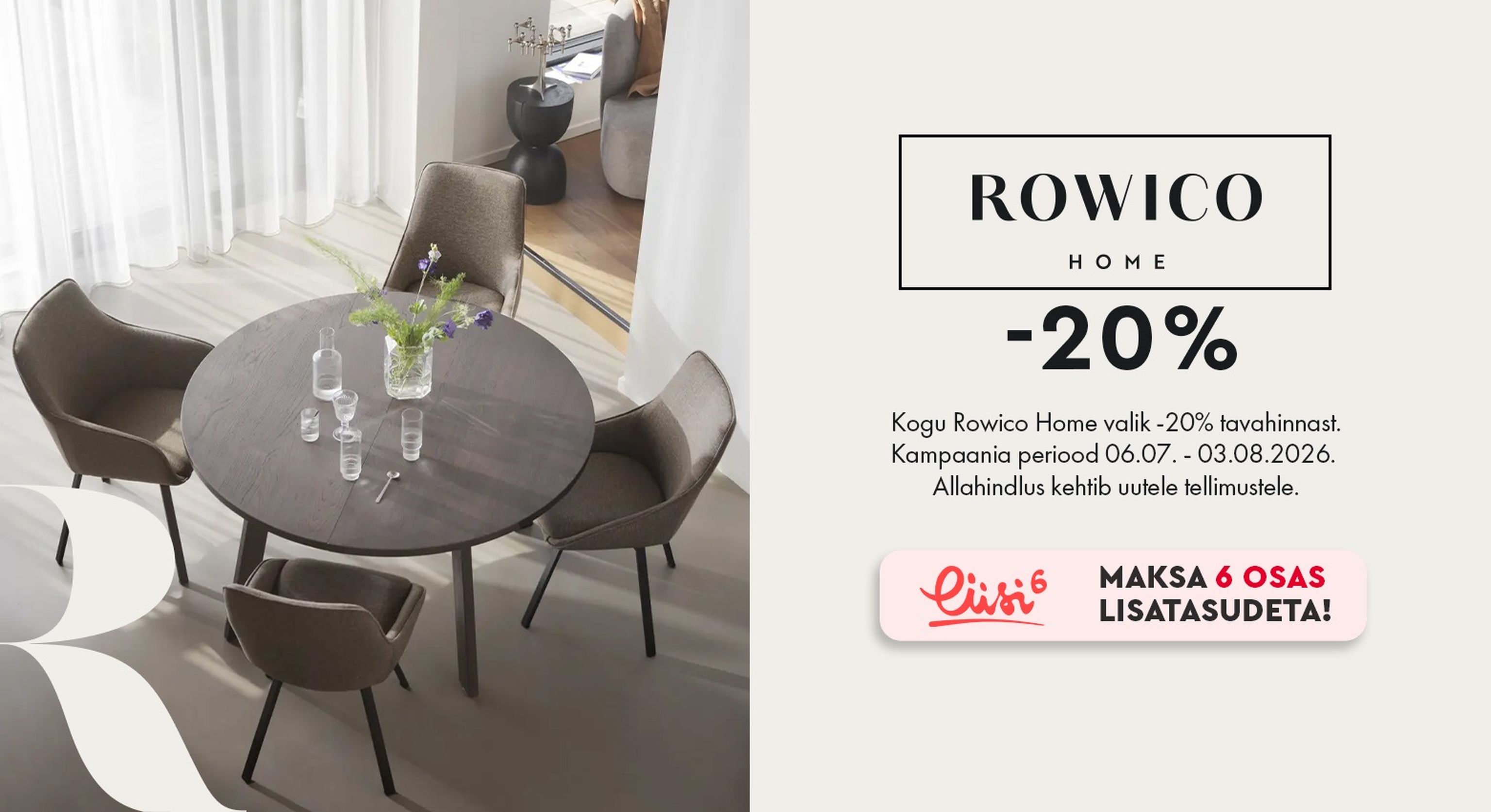 owico Home kampaaniabänner, söögilaud ja söögitoolid, -20% kampaania, kampaania 06.07.–03.08.2026