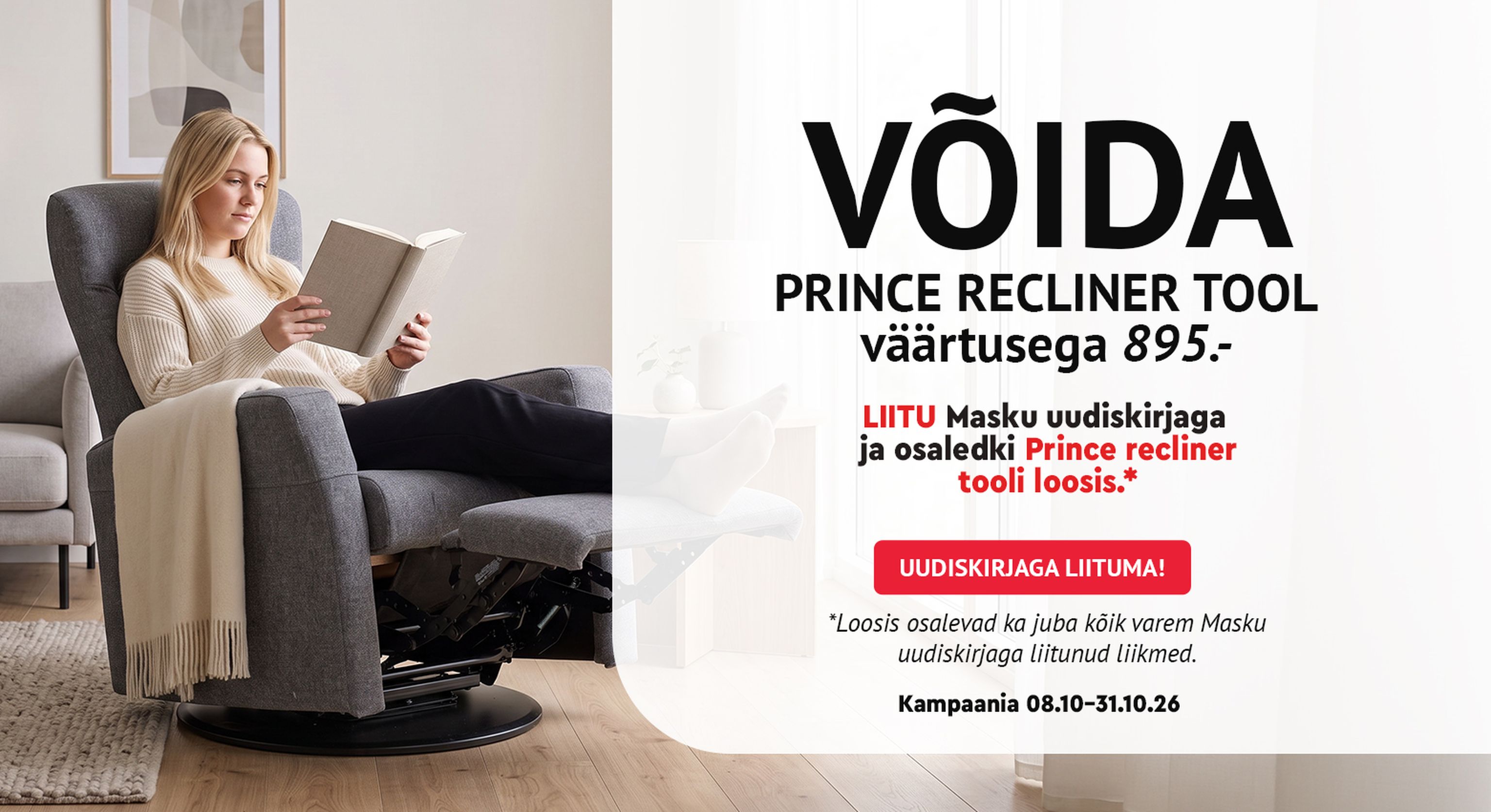 Prince recliner tool, hall kangast tugitool jalatoega, Masku uudiskirjaga liitujate loosiauhind väärtusega 895 €