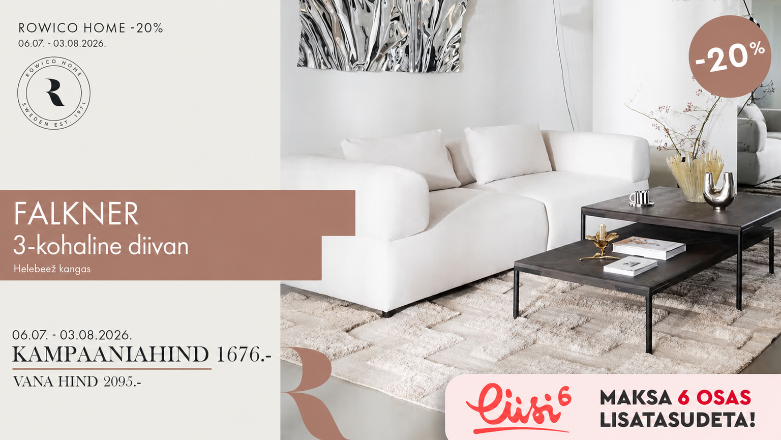 falkner 3-kohaline diivan, kangas, helebeež, Rowico Home, 3-kohaline diivan, -20% kampaania, 1899 € -> 1519 €