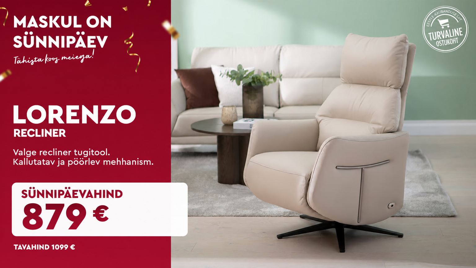 Lorenzo recliner tugitool valge pöörlev ja kallutatav Masku sünnipäevahind 1099 € -> 879 €