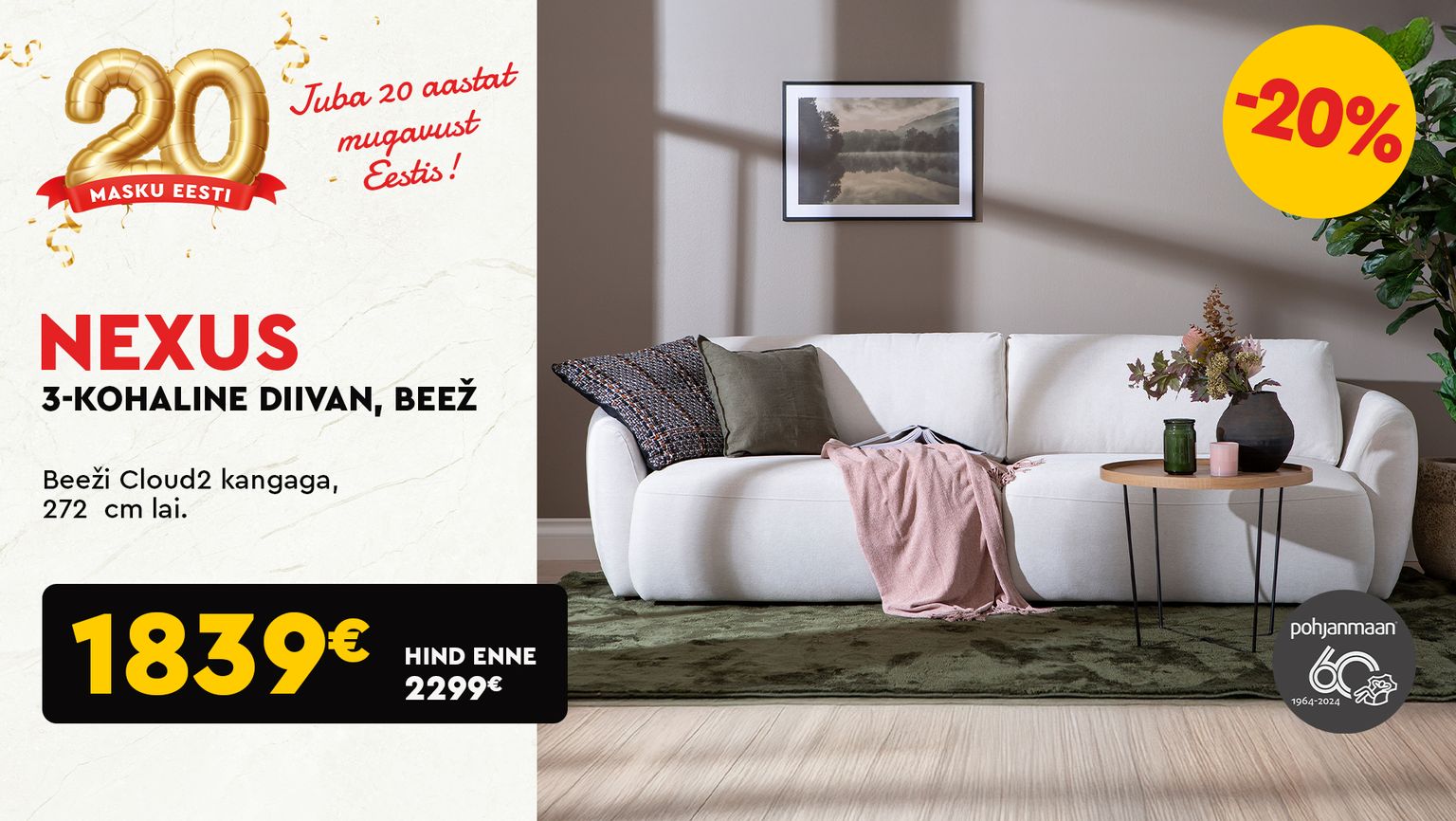 nexus 3-kohaline diivan beež kangas pohjanmaan -20% kampaania 2299 € -> 1839 €