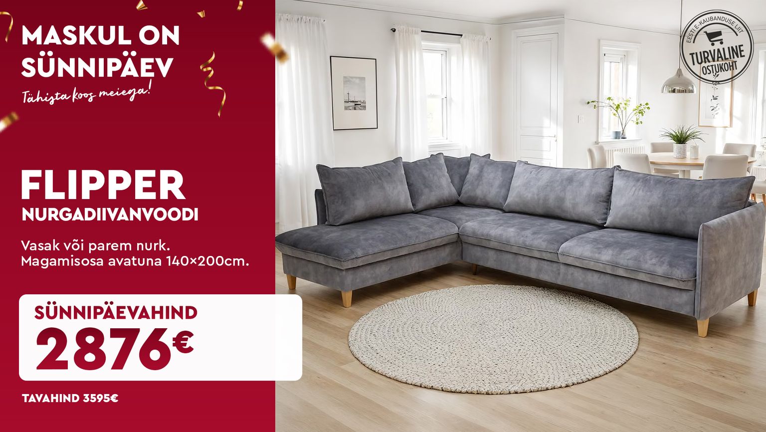 Flipper nurgadiivanvoodi vasak või parem nurk magamisosa 140×200 cm sünnipäevahind 3595 € -> 2876 €