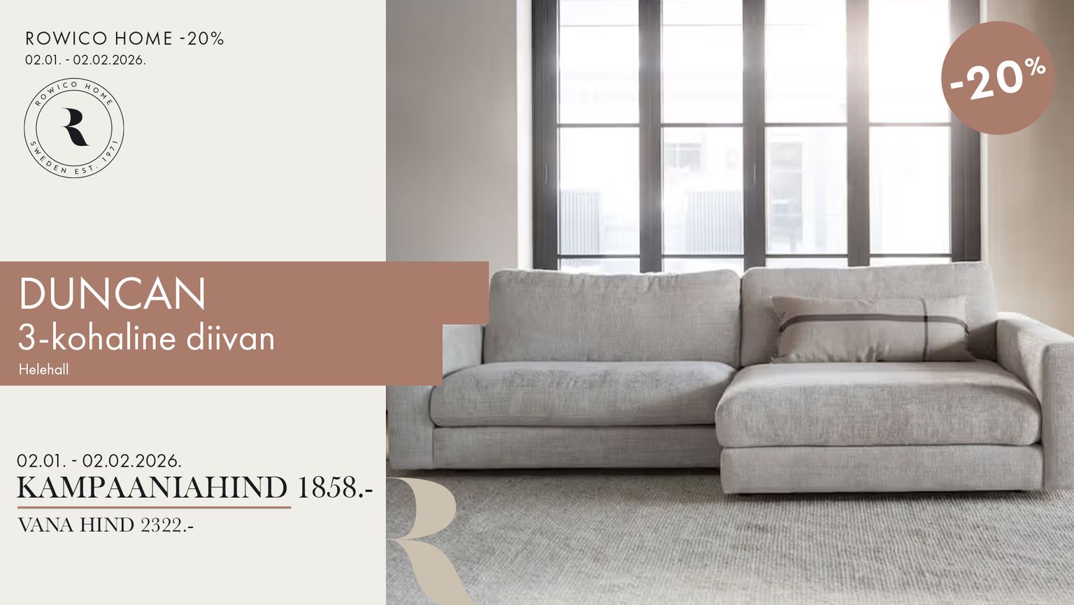 duncan diivan 3-kohaline kangas helehall Rowico Home -20% kampaania 2322 € -> 1858 €