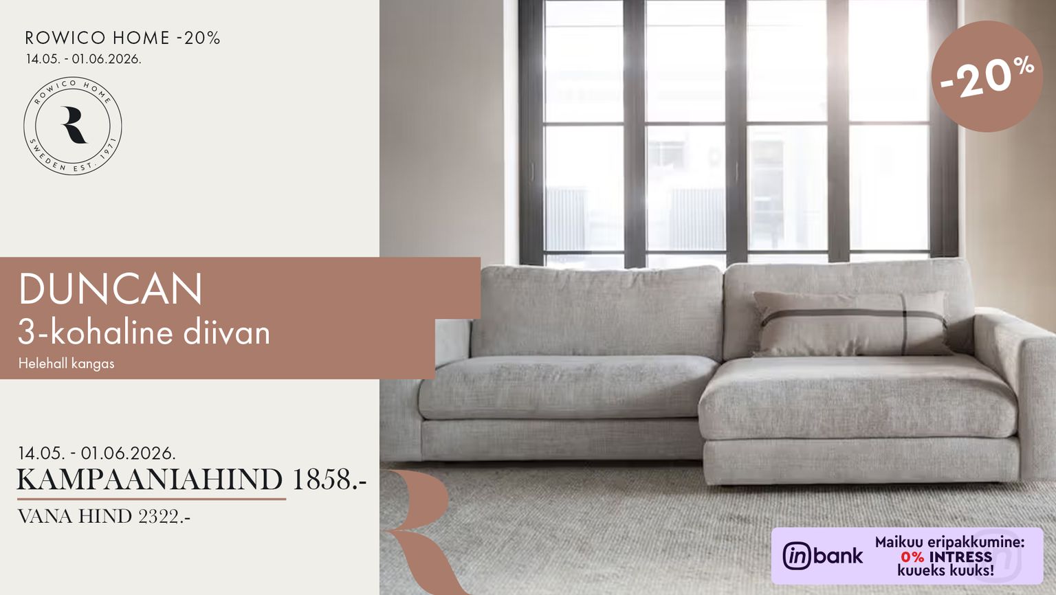 duncan 3-kohaline diivan helehall kangast Rowico Home elutoa diivan -20% kampaania 2322 € -> 1858 €