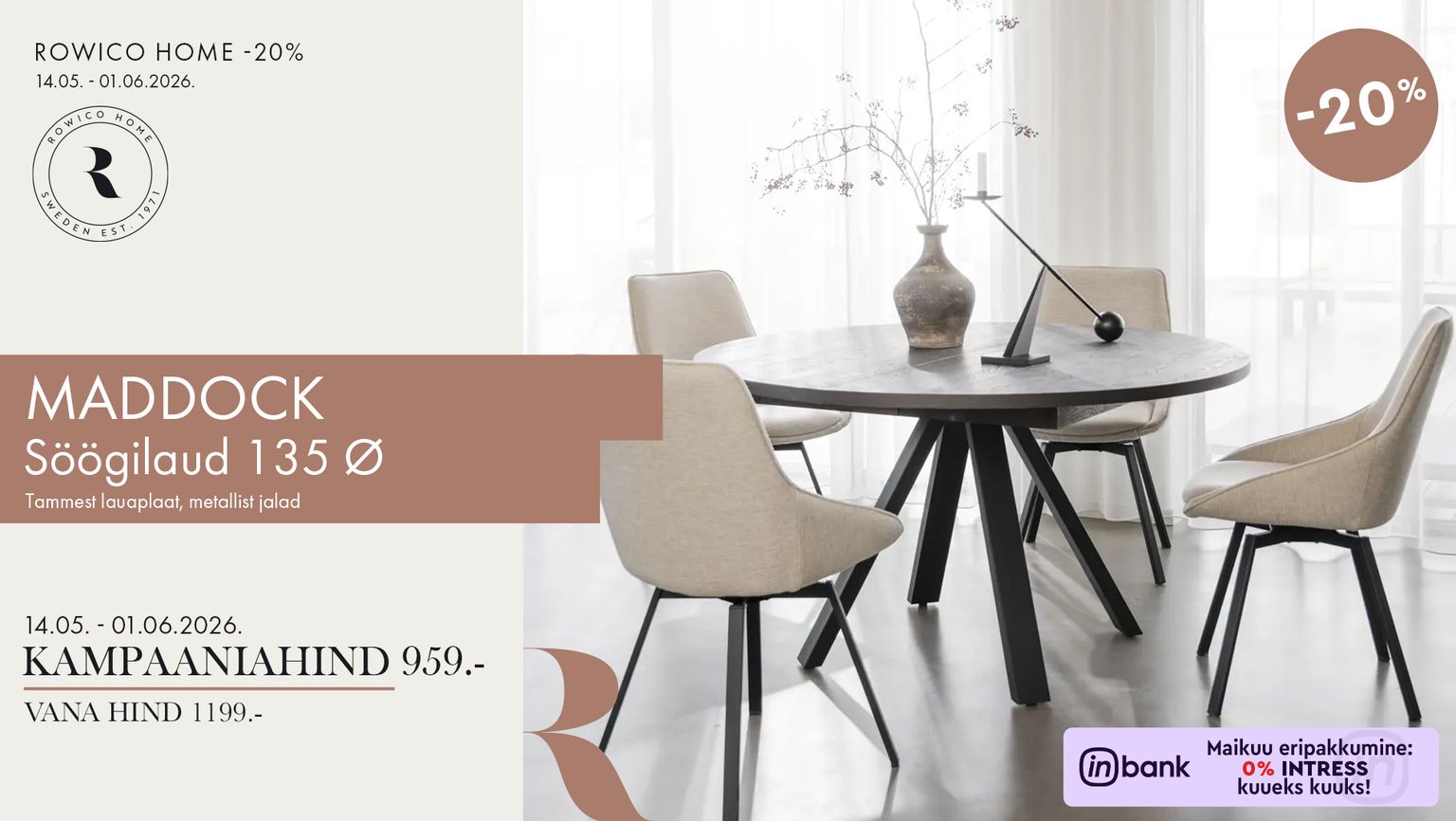 maddock söögilaud tammepuidust must metalljalgadega Rowico Home söögilaud 135 Ø -20% kampaania 1199 € -> 959 €