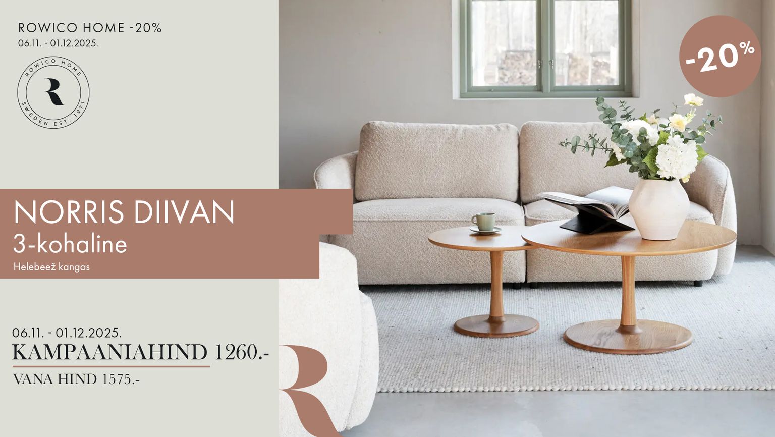 norris diivan 3-kohaline helebeežist kangast Rowico Home -20% kampaania 1575 € -> 1260 €