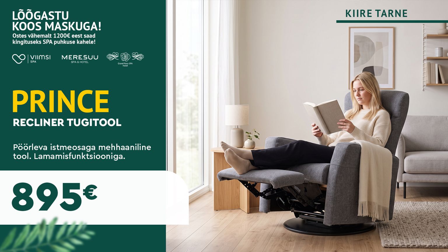 Prince recliner tugitool, hall kangas, pöörlev ja mehaanilise lamamisfunktsiooniga, kiire tarne, SPA kampaania, 895 €