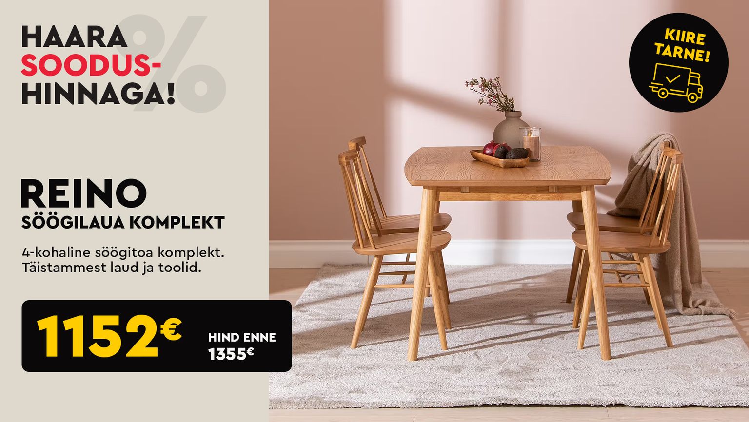 reino söögilaua komplekt söögilaua komplekt täistamm naturaalne 4 inimesele söögituppa -soodushind 1355 € -> 1152 €