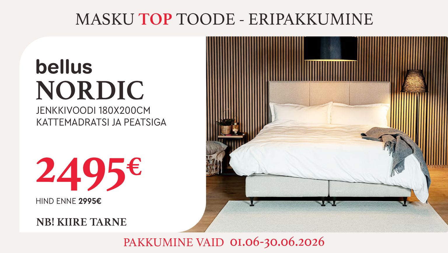 nordic jenkkivoodi voodi kangas helehall Bellus 180x200 cm kattemadratsi ja peatsiga 2995 € -> 2495 €