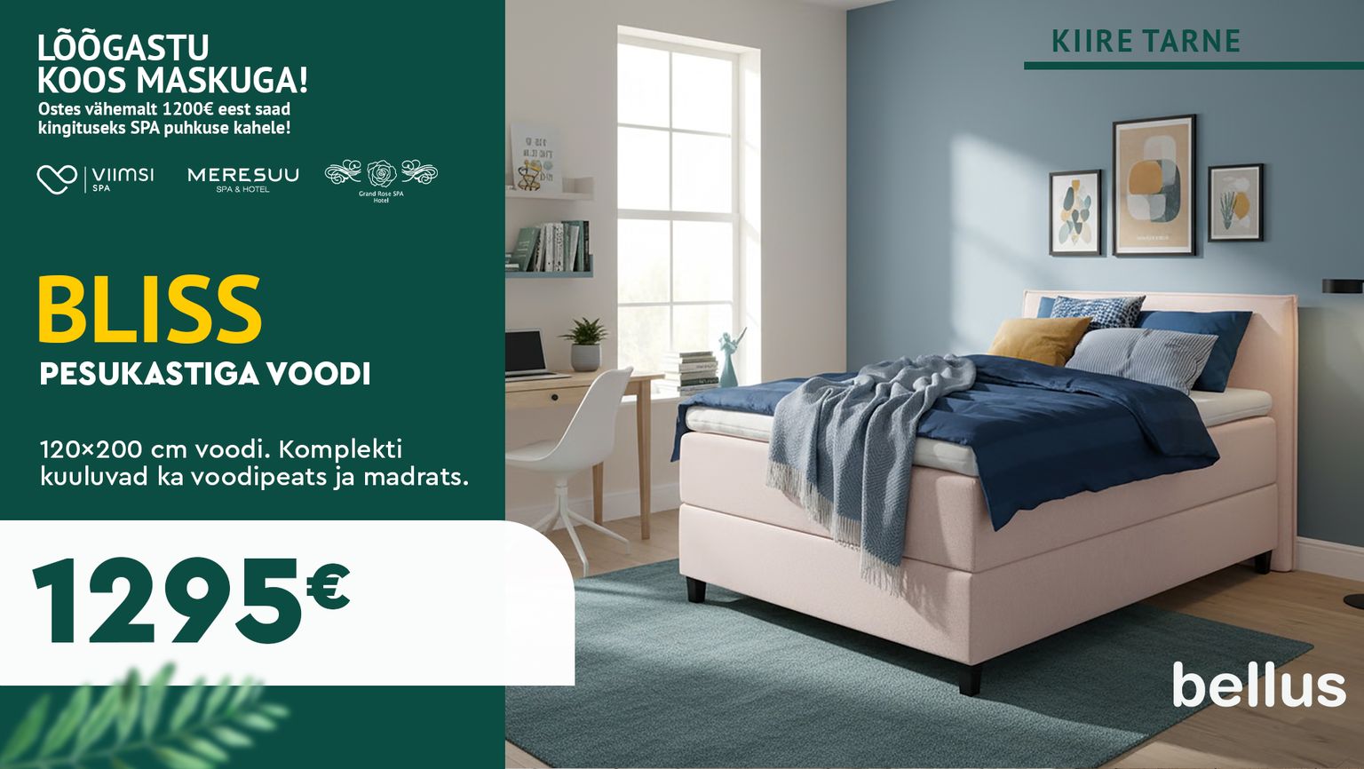 Bliss pesukastiga voodi 120×200 cm, beež kangas, Bellus, peatsi ja madratsiga, kiire tarne, SPA kampaania, 1295 €