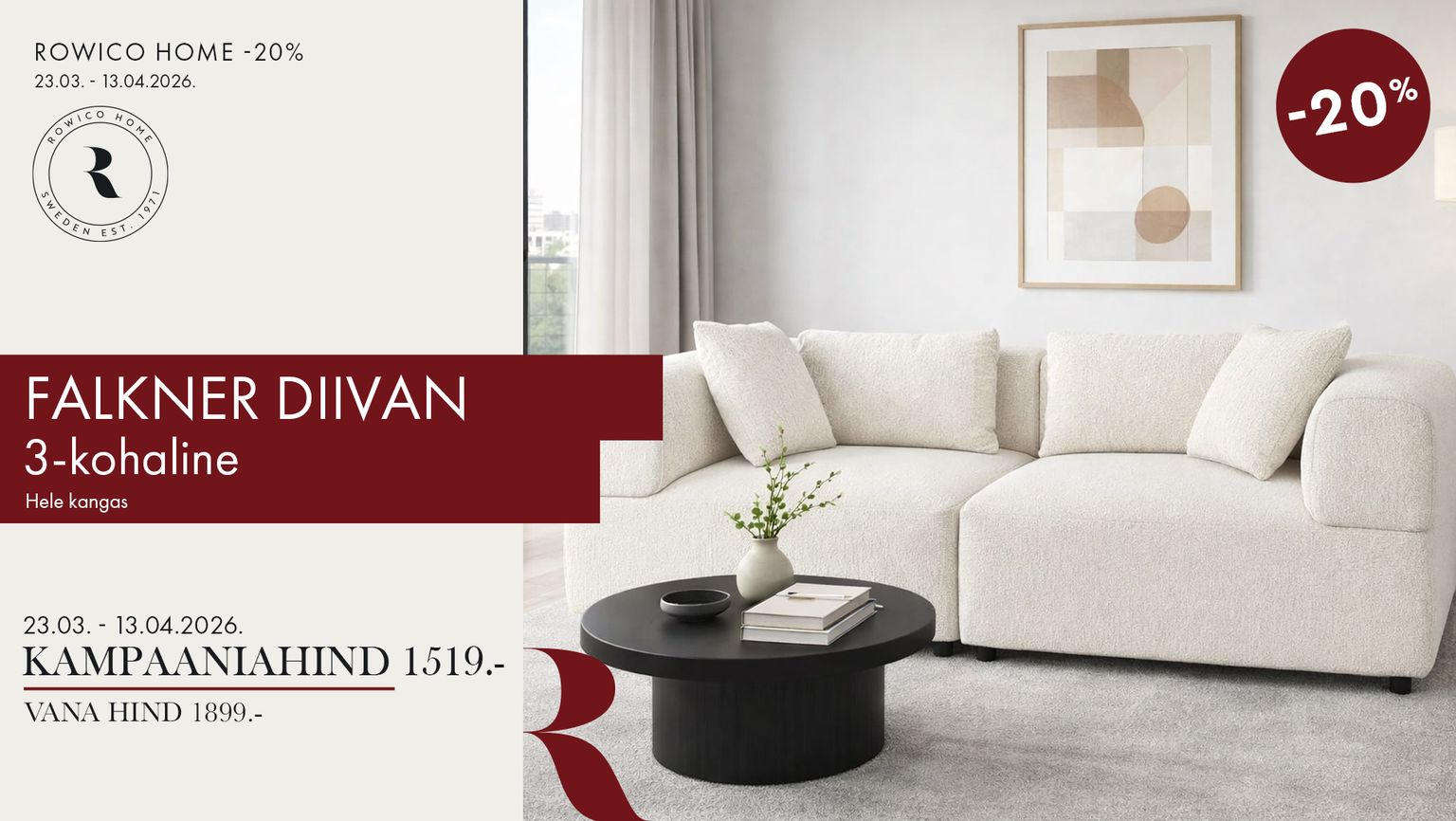 falkner diivan 3-kohaline kangas hele Rowico Home -20% kampaania 1899 € -> 1519 €