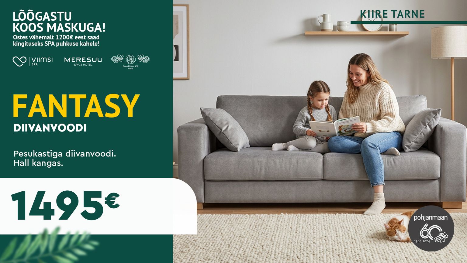 Fantasy diivanvoodi, hall kangas, Põhjamaan, pesukastiga, kiire tarne, SPA kampaania, 1495 €