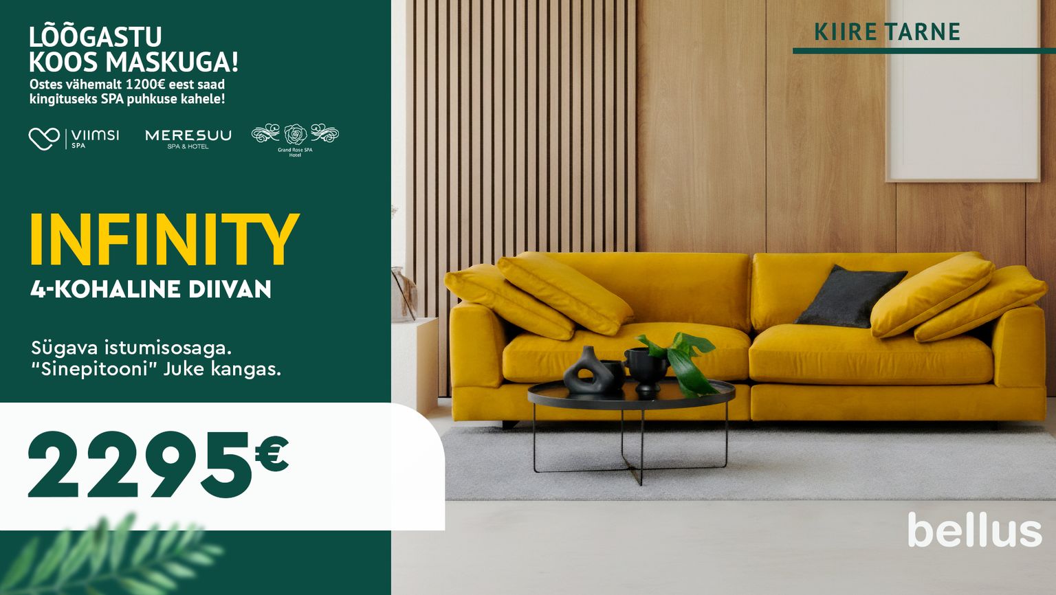 Infinity 4-kohaline diivan, sinepikollane Juke kangas, Bellus, sügava istumisosaga, kiire tarne, SPA kampaania, 2295 €